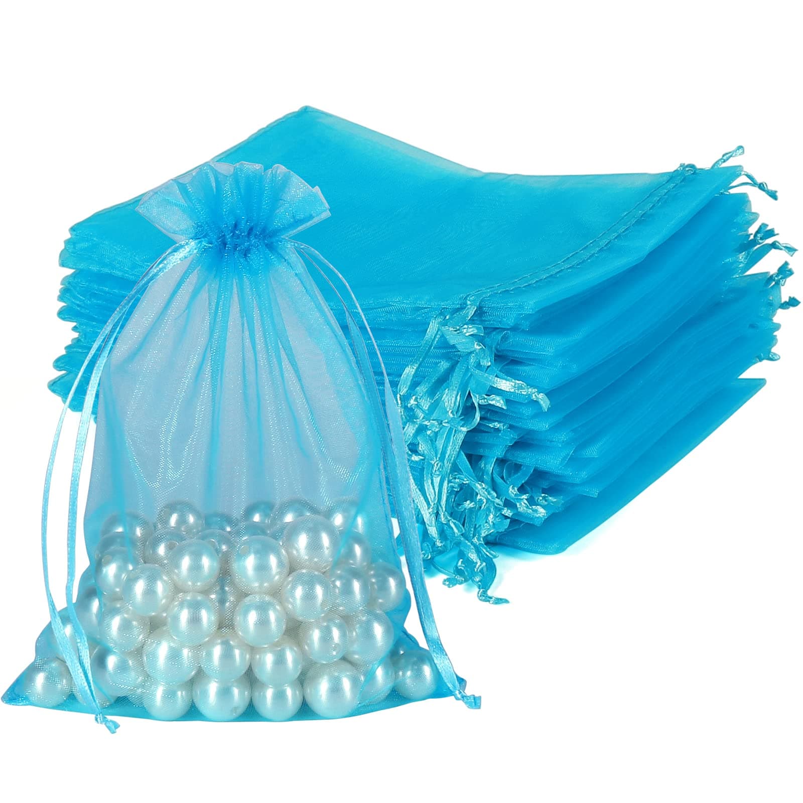 HRX PackageOrganza Gift Bags, 100pcs 13x18cm Turquoise Blue Medium Mesh Jewellery Drawstring Pouches for Wedding Party Favours