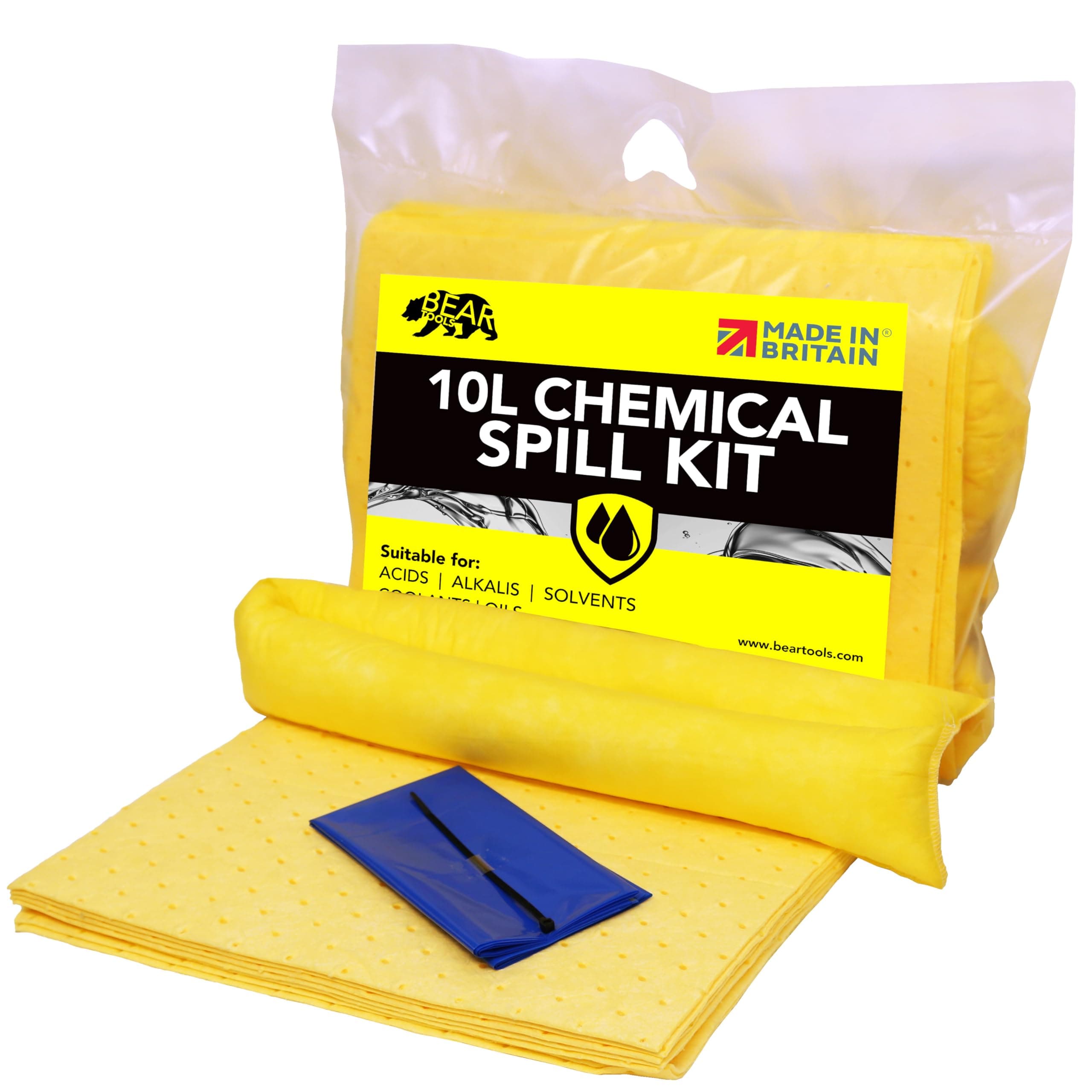 10L Spill Kits (10L Chemical) UK Manufactured, Yellow, Use for Spills Involving Aggressive Chemicals, Acids, Alkalis, For Indoor/Outdoor Use, Clip Top Kit Design.
