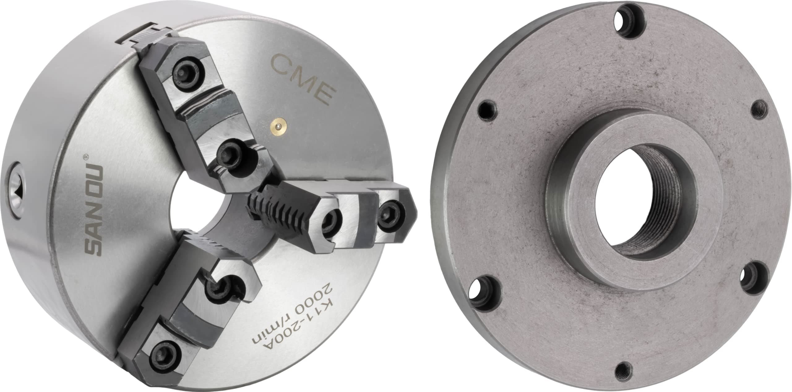 CME 8" 3-Jaw Self-Centering (Scroll) Lathe Chuck with 2 1/4"-8 Threaded Backing Plate, Two-Piece Reversible Jaws