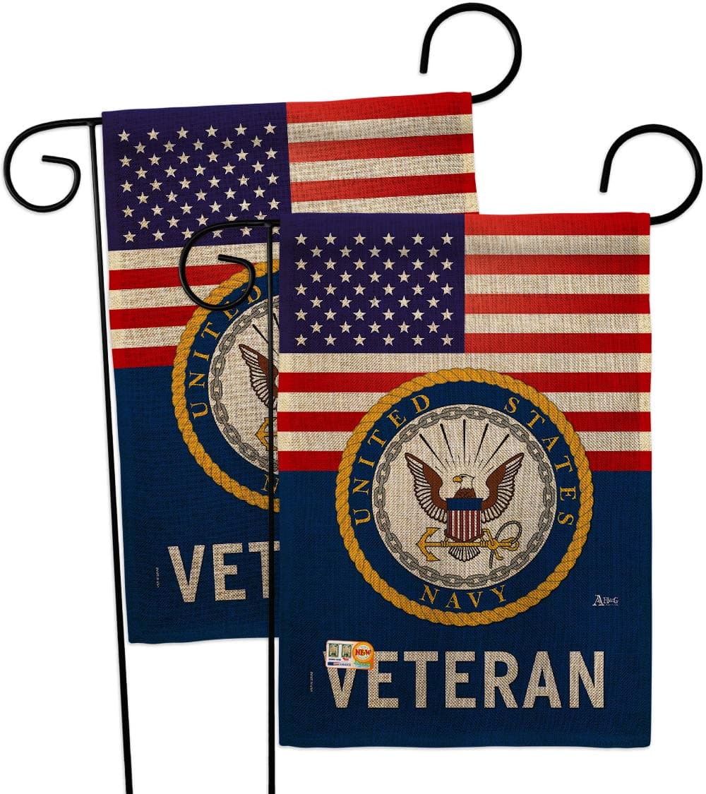 US Navy Veteran Burlap Garden Flag - 2pcs Pack Armed Forces USN Seabee United State American Military Retire Official - House Decoration Banner Small Yard Gift Double-Sided Made in USA 13 X 18.5