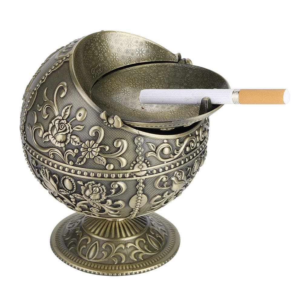 European Retro Ashtray, Vintage Art Craft Ashtray Metal Round Ball Stamped Pattern Gift Decoration with Lid Ash Fashion Creative Home Ashtray (Bronze)…