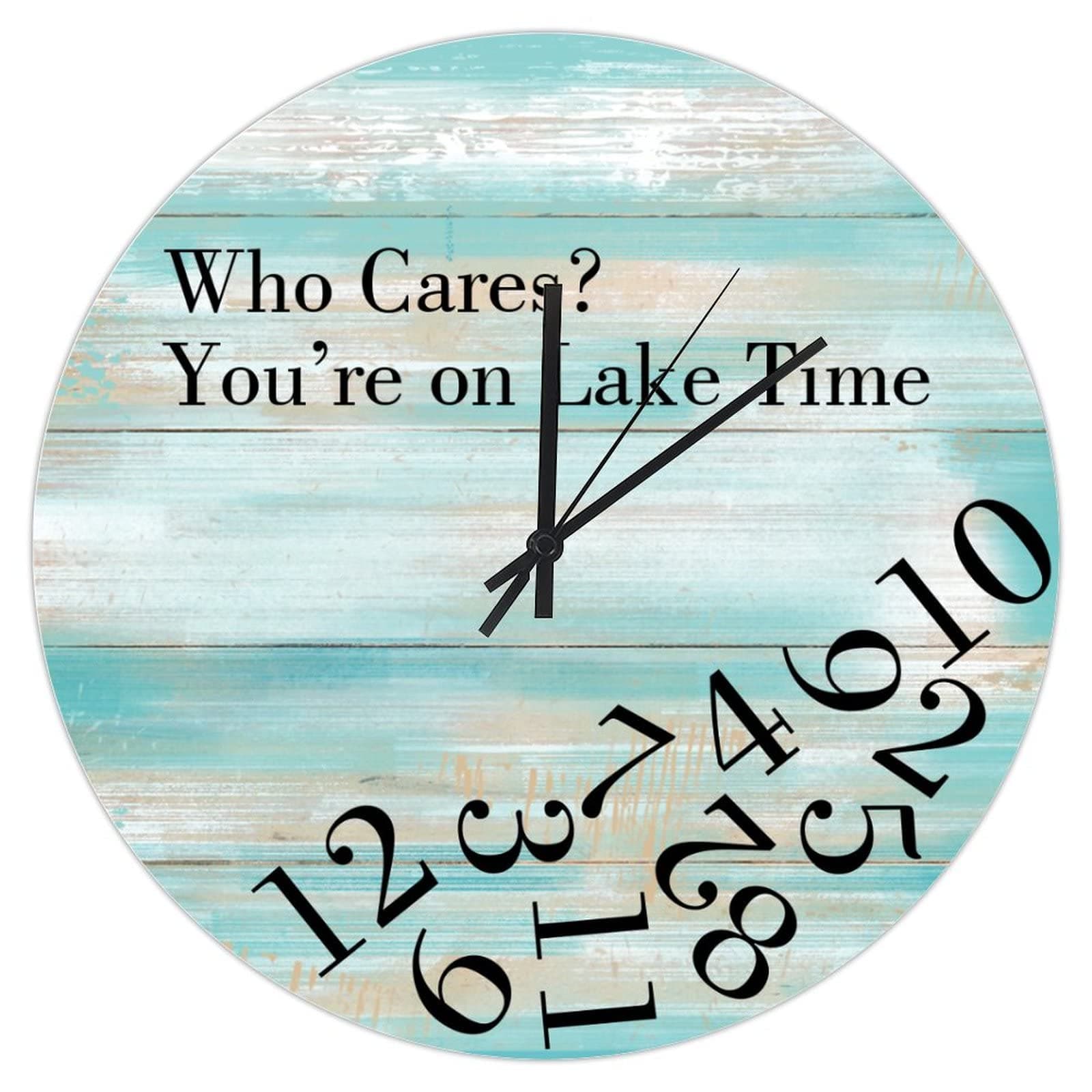 Who Cares You're on Lake Time Clock Vacation Gift Funny Wall Clock Distressed Board Print Rustic Wall Clock 15 Inch Vacation Retirement Clock Home Decor Lake House Decor