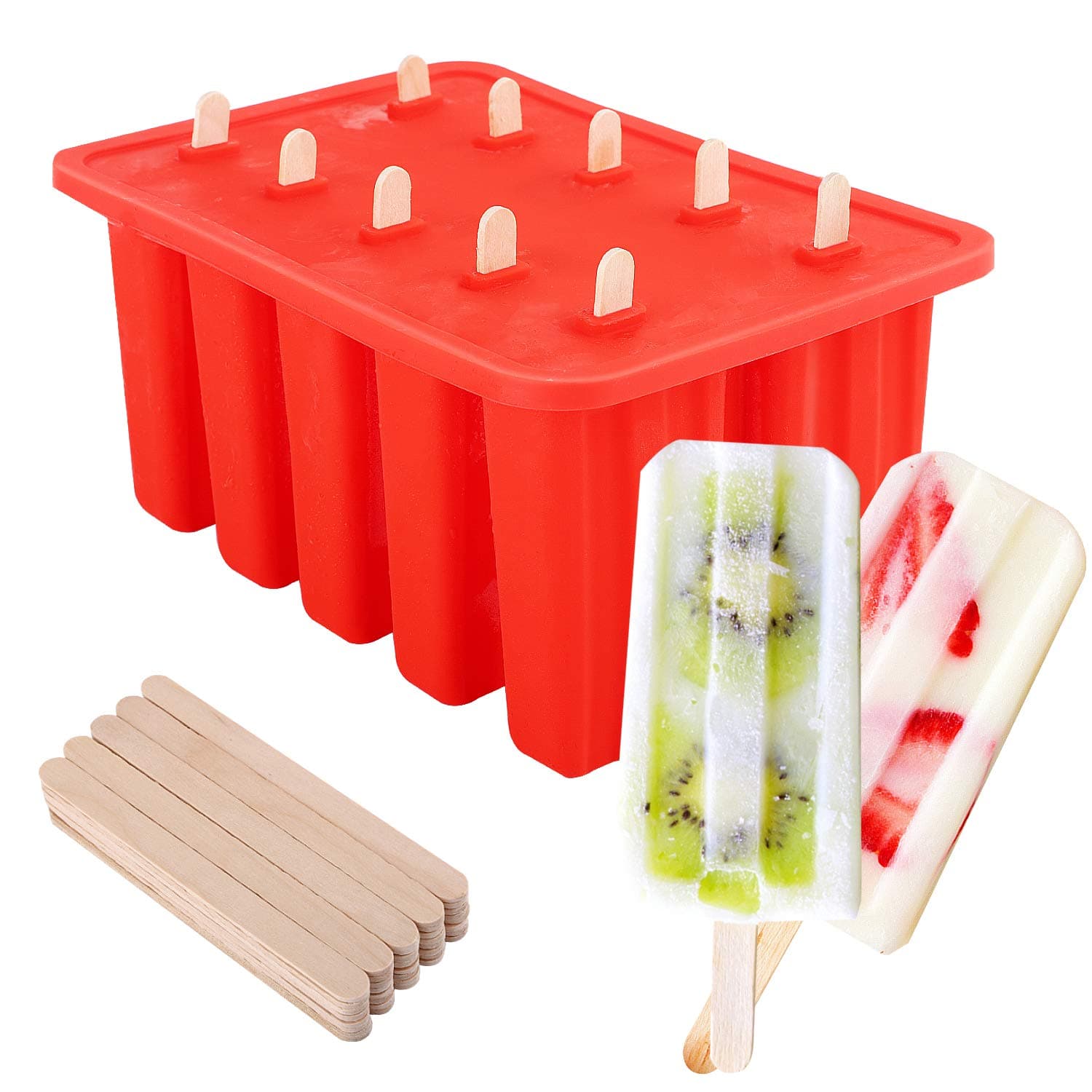 Nuovoware Ice Pop Molds, [Cavity of 10] Food Grade Silicone Frozen Ice Popsicle Makers with 100 Sticks, Kitchen Tools, Red