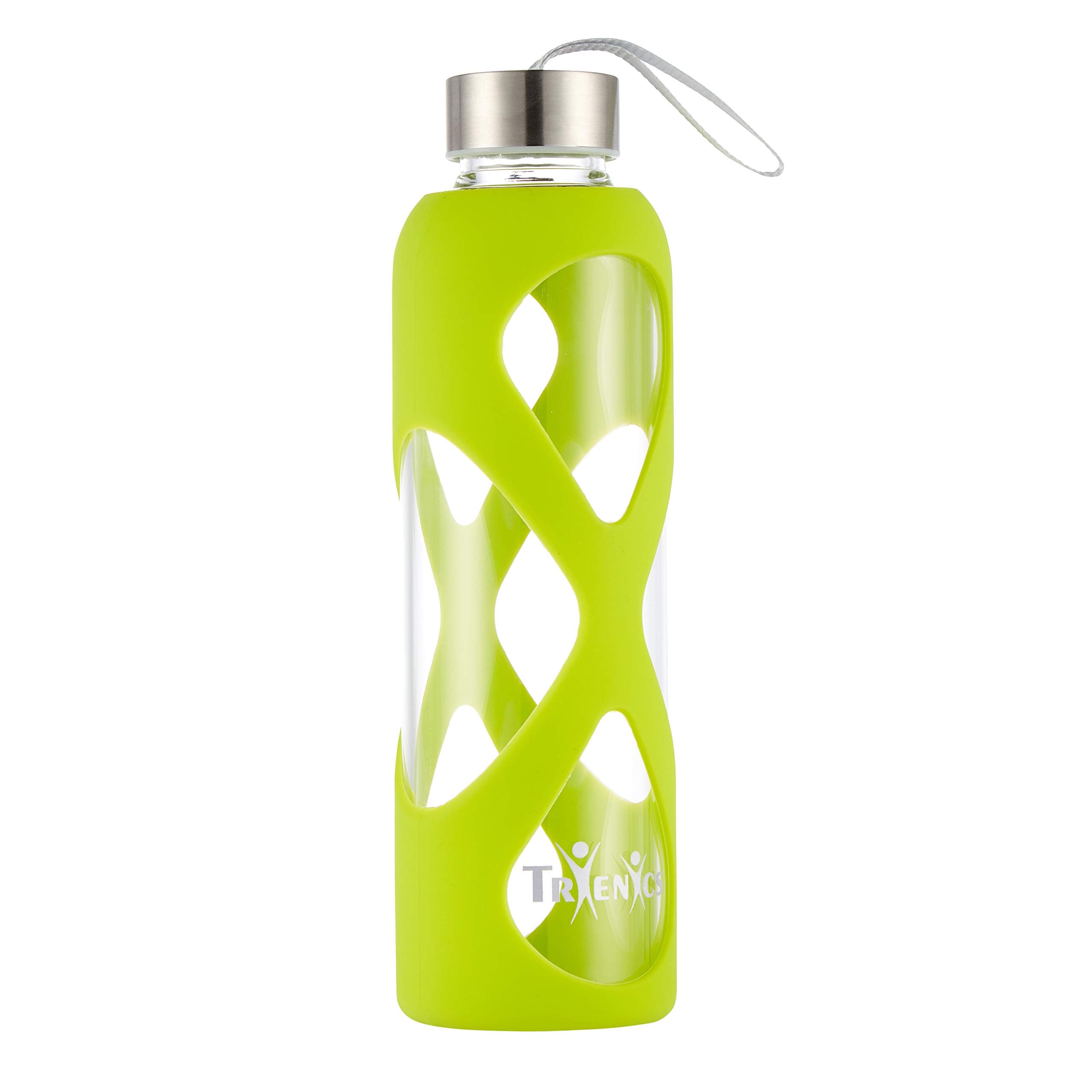 Trienics 550ml Glass Water Bottle, Eco-Friendly Borosilicate Glass Sports/Travel Water Bottle with a Non-Slip Silicon Sleeve, Stainless Steel leak-proof cap, BPA-Free, no Plastic