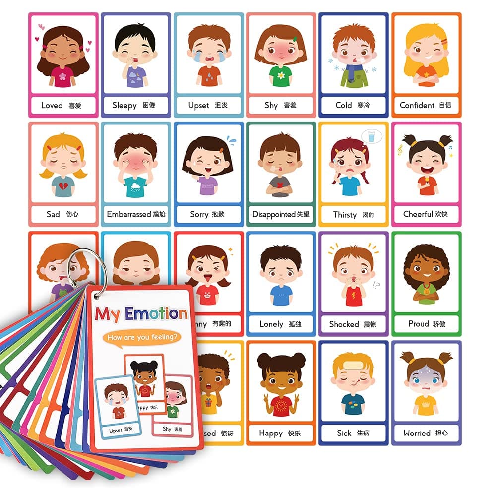 Richardy My Emotion English Words Educational Flash Cards Feelings Expressing Vocabulary Building Homeschool Kindergarten Supplies Kids Toddlers Learning Toys 17 Cards 34 Words