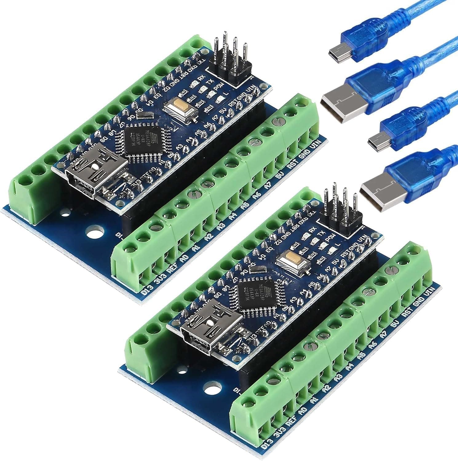 2PCS Mini for Nano V3.0 ATmega328P for Arduino Micro Controller Board Module with USB Cable + for Nano V3.0 Expansion I/O Shield Board Breakout Screw Terminal Adapter