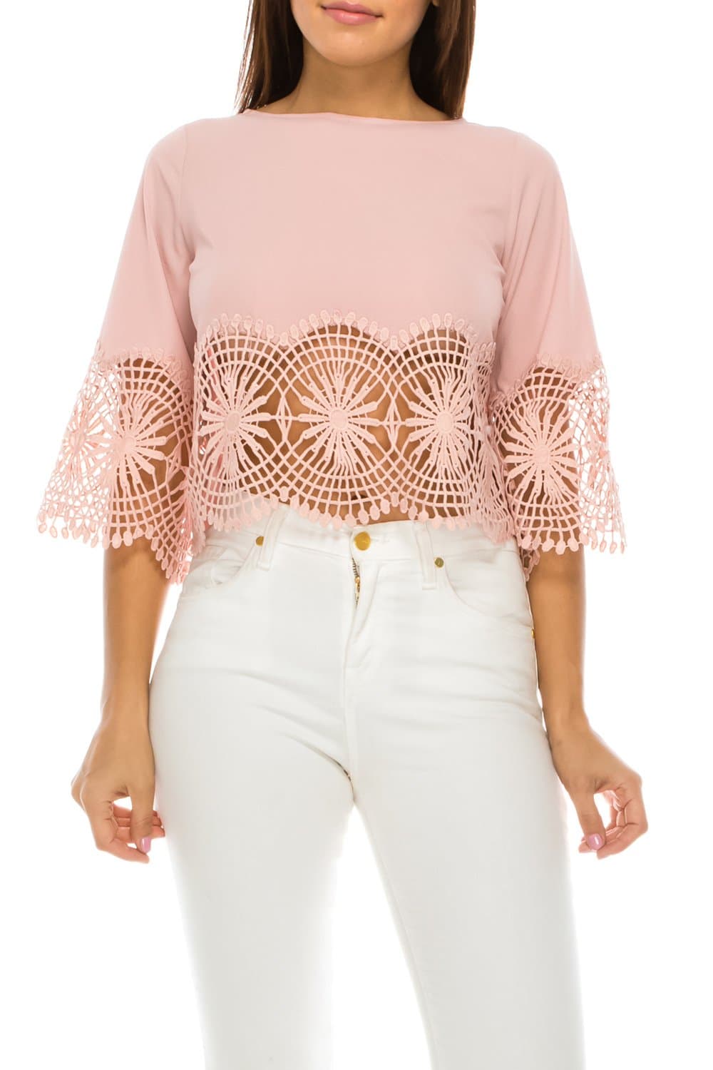 Women Casual 3/4 Flare Sleeve Boat Neck Crochet Lace Loose Crop Top Summer Blouse (Small, Dusty Pink)