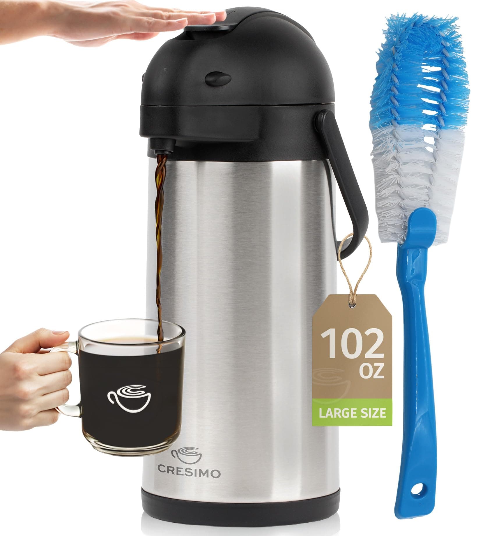 Coffee Carafe Airpot & Cleaning Brush - 101oz / 3L Airpot 12 Hours Hot Water Dispenser or 36 Hours Cold Drink Dispenser with Pump - Easy Dispensing Coffee Carafes for Keeping Hot Extra Large - Cresimo