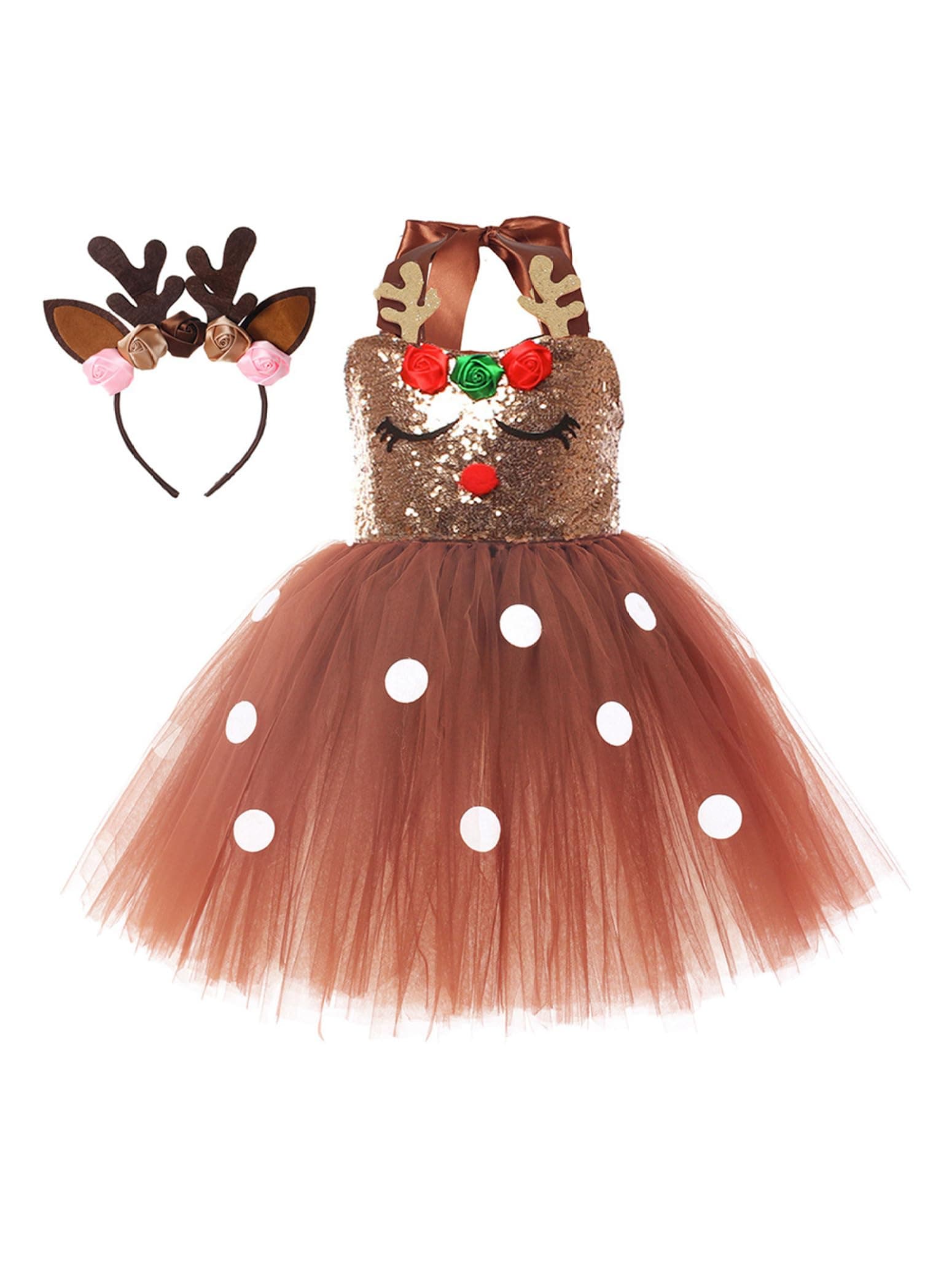 Kids Girls Christmas Dance Dress Sequins Shiny Mesh Tutu Dress with Deer Hair Hoop Reindeer Fancy Dress