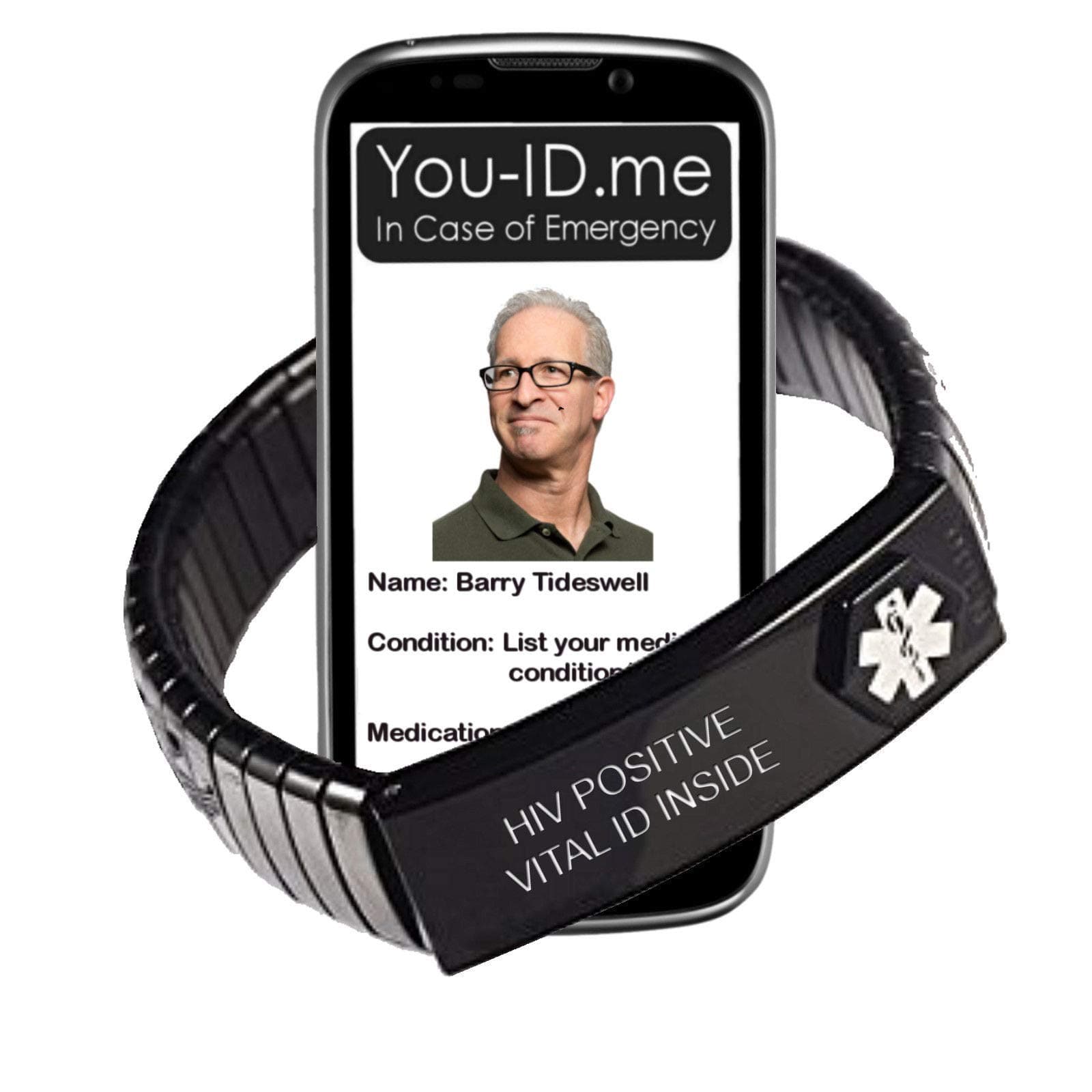 HIV Positive Medical Alert Bracelet. Expanding Stainless Steel Enclosure 2X ICE Insert Cards 100% Waterproof. Updateable. Works with www.You-ID.me Emergency ID SOS Alert Service