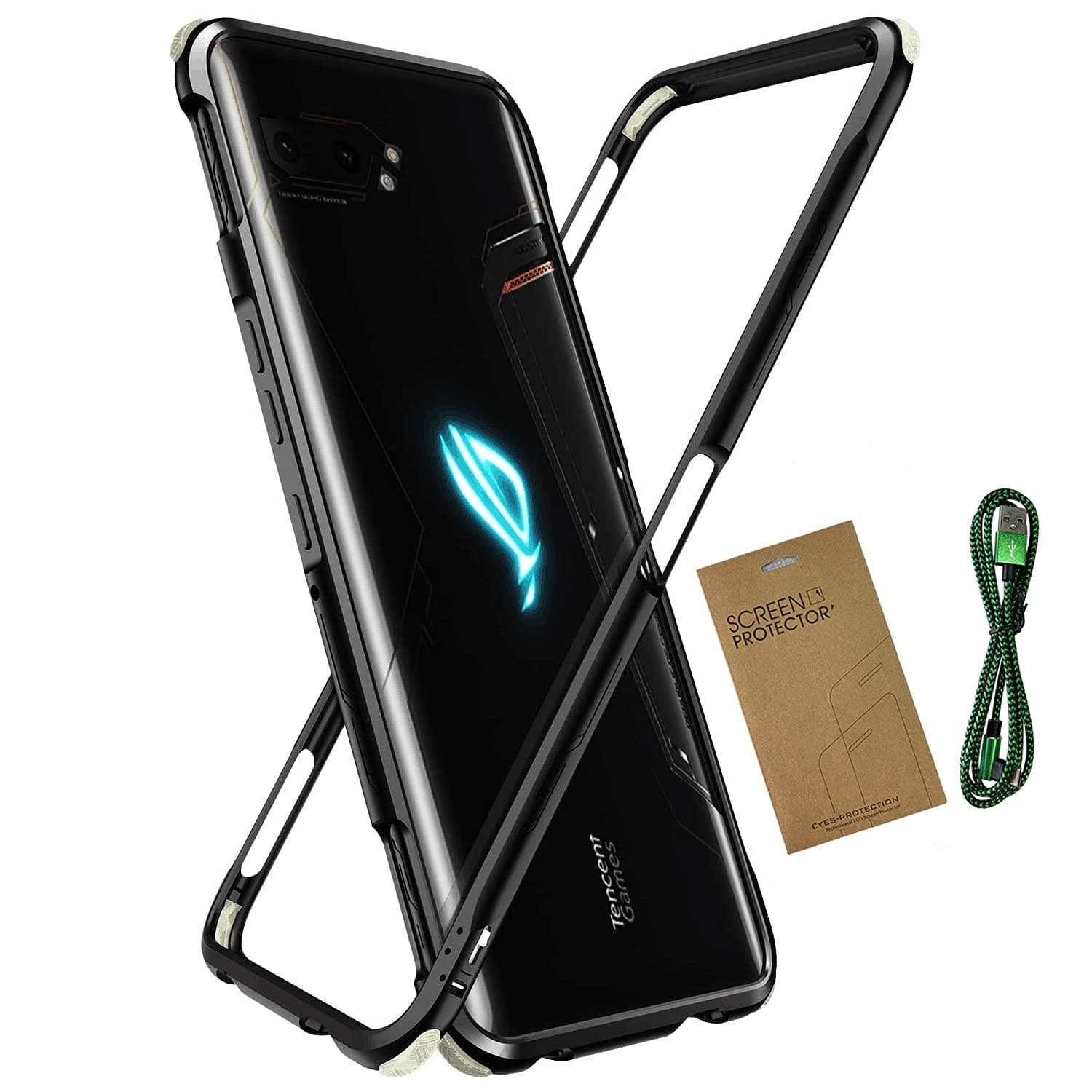 MME ASUS ROG 2 Phone Case Bumper Metal Luminous Rubber Corner Shockproof Full Body Protection with Tempered Glass Screen Protector and Anti-Scratch Carbon Fiber Skin Back (Black)
