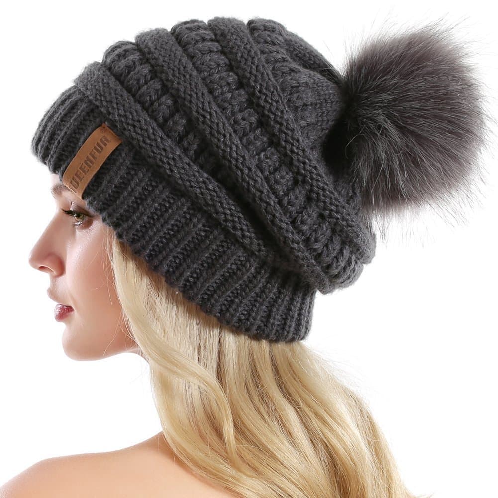 QUEENFUR Women Knit Slouchy Beanie Chunky Baggy Hat with Faux Fur Pompom