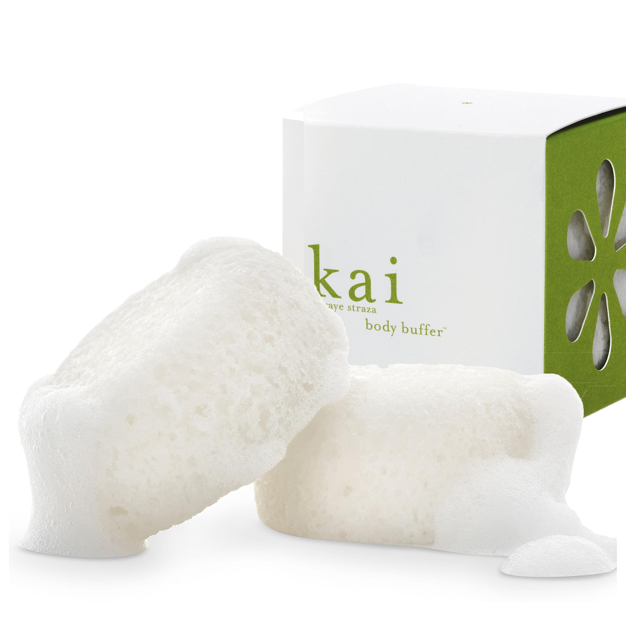kai Body Buffer – 2 Count exfoliating Bath sponges with Built-in Cleanser, Gardenia Scent, Vegan & Cruelty-Free | Gently exfoliates & cleanses | Made in the USA