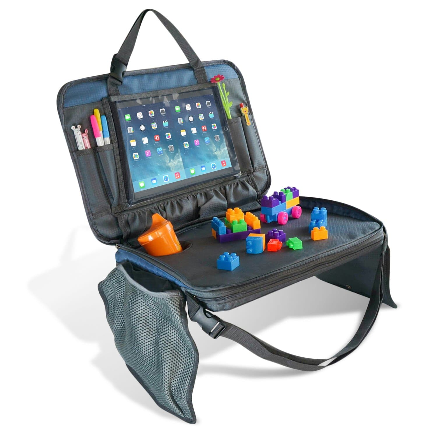 Car Seat Travel Tray and Messenger Bag 17 Inch by 12 Inch (Blue) | iPad & Tablet Holder, Removable Mesh Pockets, and Cup Holder for Kids | Kids Travel Tray | Great for Activity, Snacks, and Play