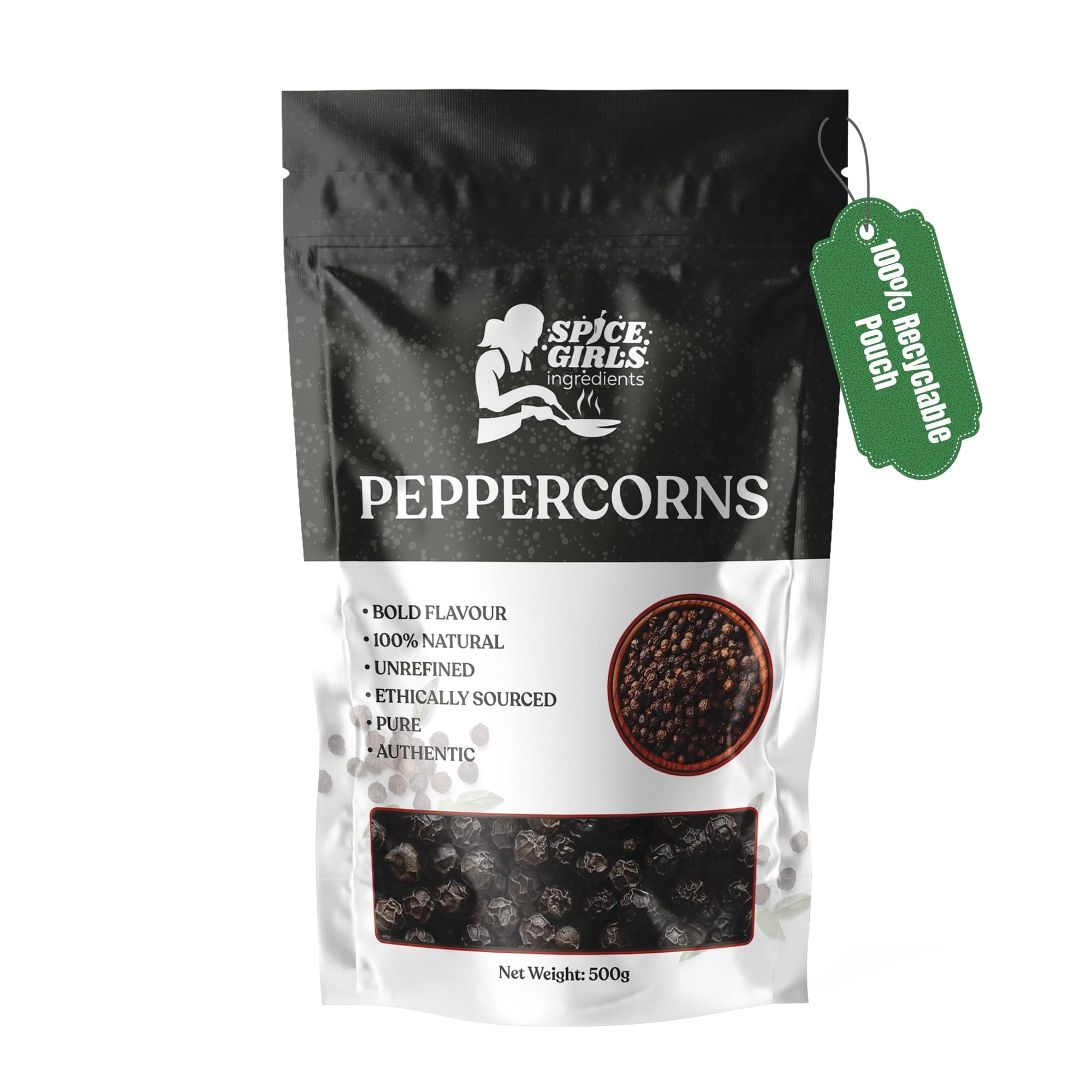 Spice Girls Ingredients Black Peppercorns - Whole, Premium-Grade, Bold Flavor | Ideal for Grinders, Cooking, Seasoning & Gourmet Recipes | Fresh & Aromatic Whole Black Pepper (500g)