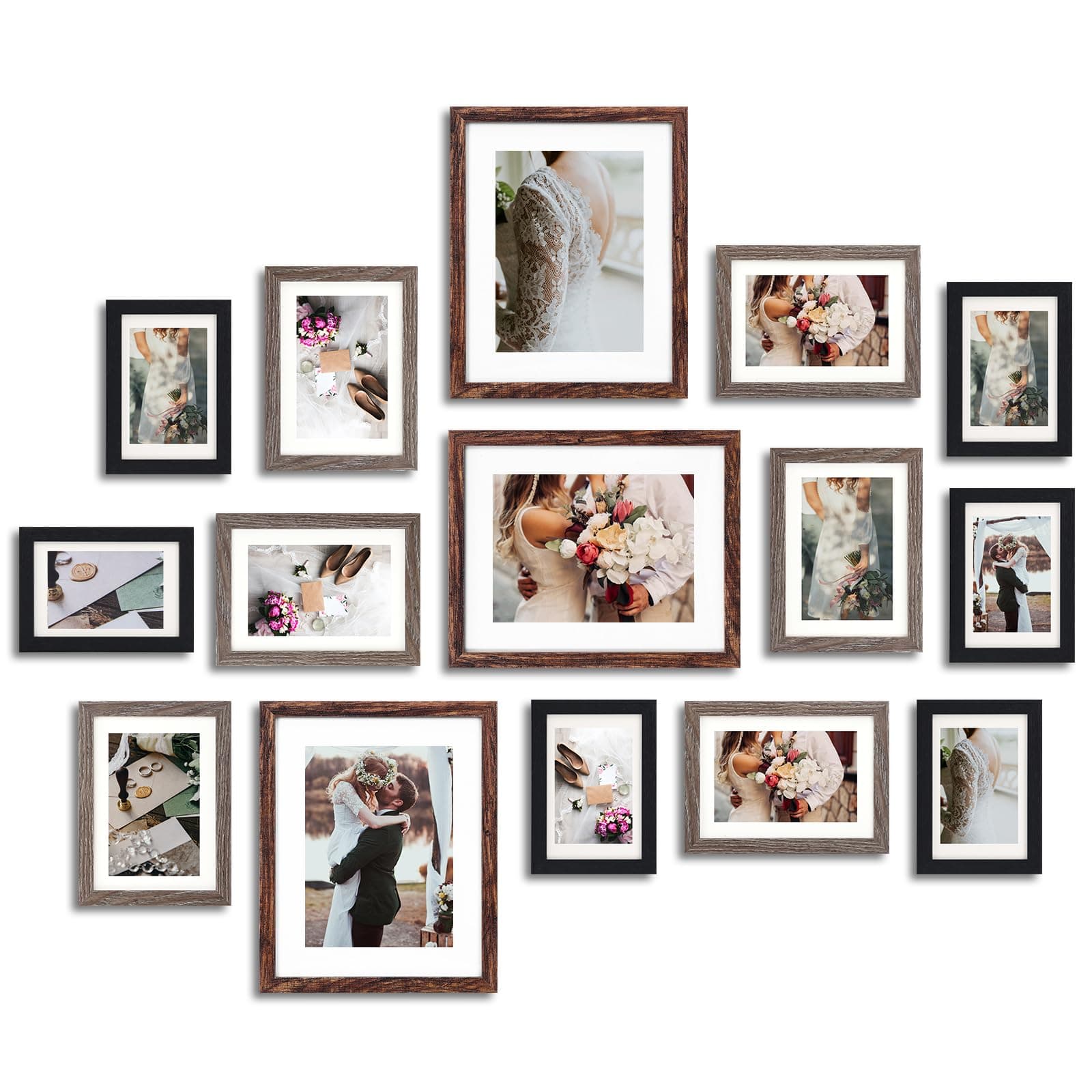 Fixwal Picture Frames Set, Gallery Wall Frame Set Picture Frames Collage 15 Pack for Wall or Tabletop with 8x10 5x7 4x6 Frames, Rustic Picture Frames in 3 Different Finishes