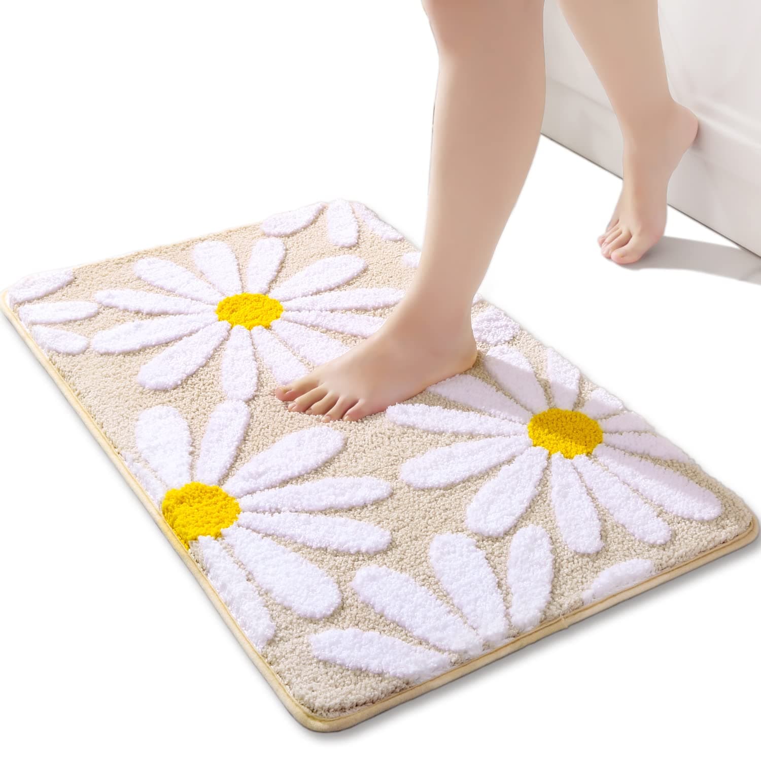 Beige Bath Mat White Flower Rug 40 x 60 cm, Non Slip Bath Mats for Bathroom, Soft Microfiber Bathroom Mat, Machine Washable Rug Durable Bathmat, Super Absorbent Floor Mat for Shower