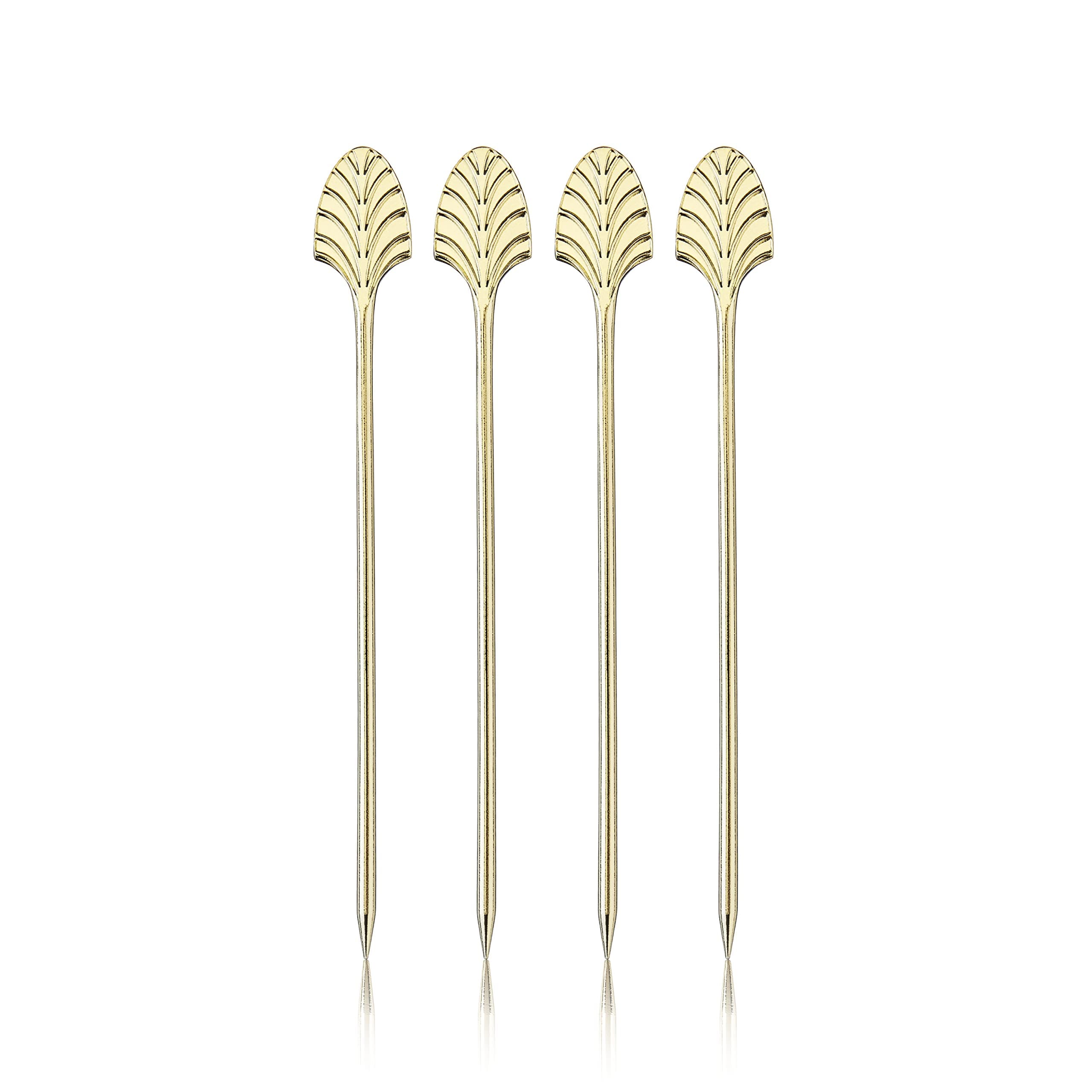 Viski Gold Art Deco Cocktail Picks, Stainless Steel Cocktail Picks for Drinks, Garnish Picks, Cocktail Skewers, Barware Accessories, 5in, Set of 4