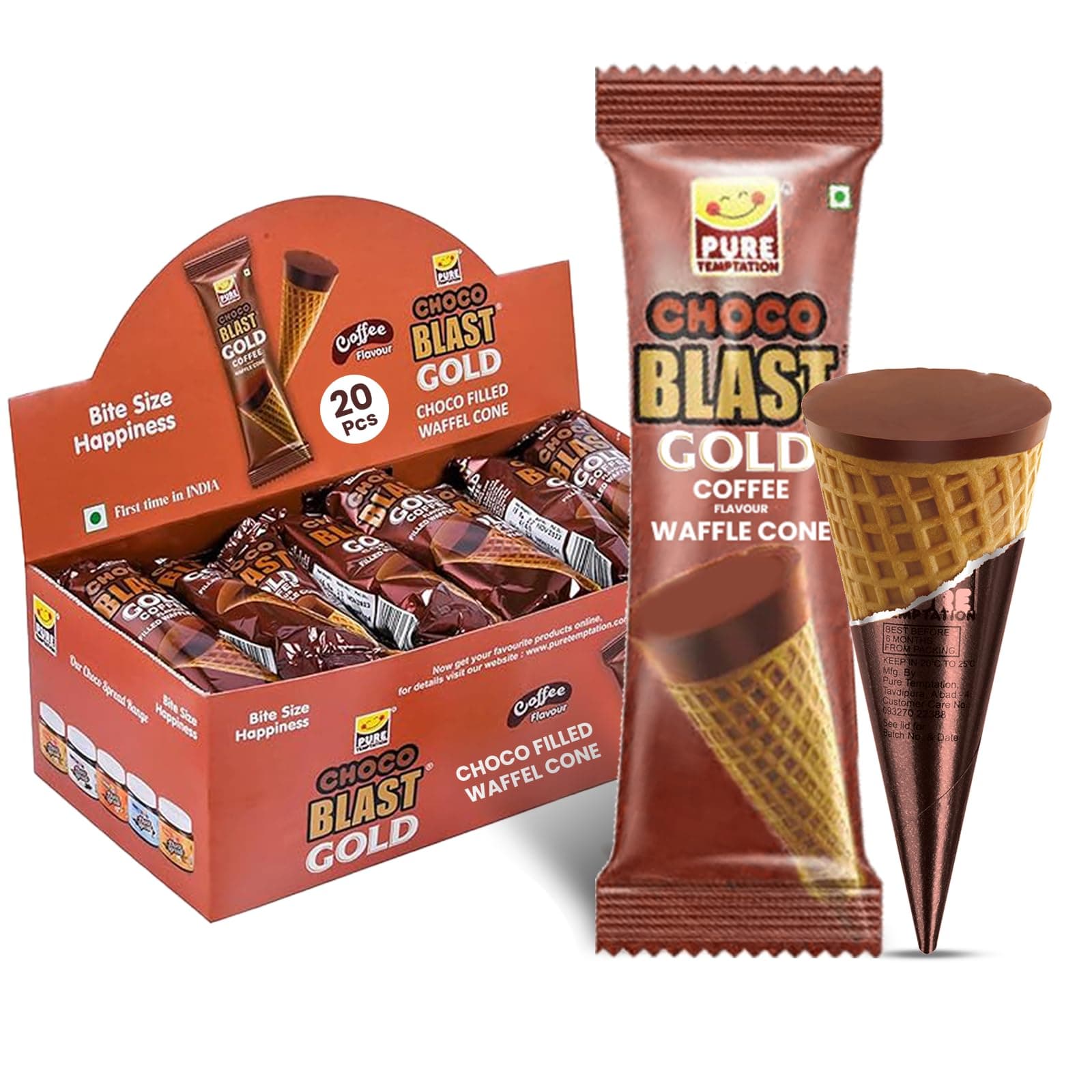 Pure Temptation Chocoblast cofee Flavoured Chocolate Waffle Cones [20 Pcs] – Gift Chocolate Box – Individually Wrapped – Non-Meltable Snacks for Kids – Perfect Chocolate Gift Hamper