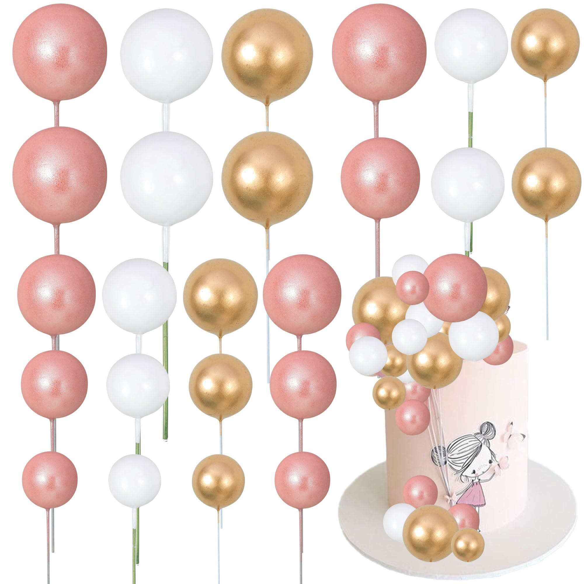 Gyufise 30Pcs Balls Cake Topper Mini Balloons Cake Toppers Foam Ball Cake Decorations Balloon Cake Topper Ball Shaped Cake Insert Topper for Birthday Party Baby Shower Decor Rose Gold White Gold