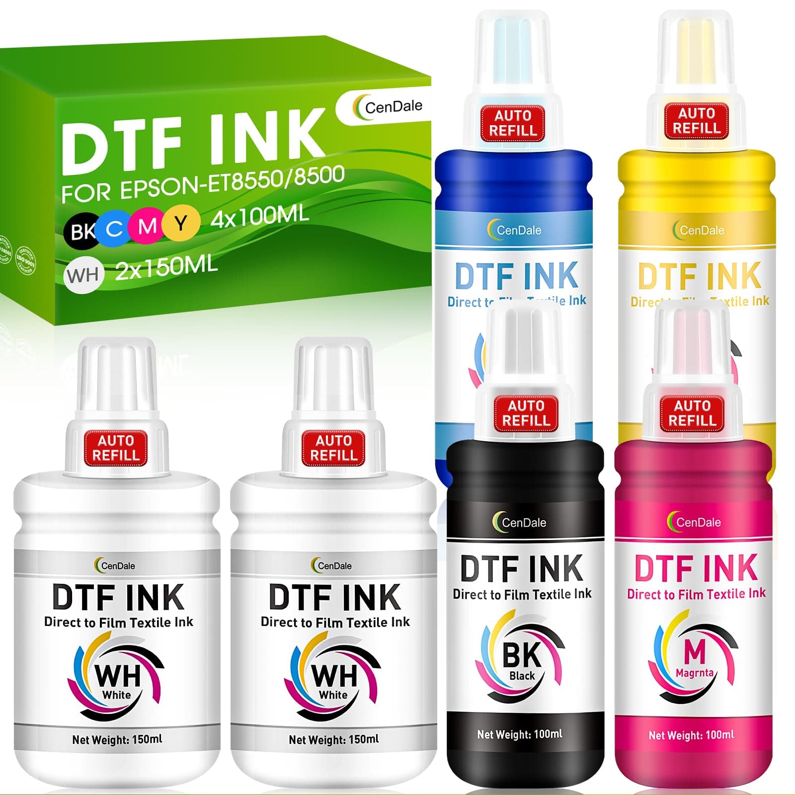 Upgraded Auto-Fill DTF Ink - 700ML DTF Transfer Ink for Epson ET-8550 ET-8500 Printers, Heat Transfer Printing Set 100ml x 4 CMYK, 150 x 2 White (Anti-UV/ICC-Free)
