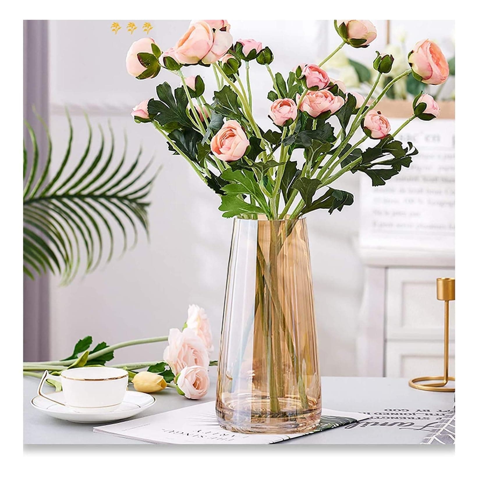 Decorative Glass Vase for Flowers Plants Home Decor Office Living Table Decorations, Vases for Home Decor, Luster Glass Vase,Modern Glass Vase - (Crystal Amber, Approx 9 Inches Height)