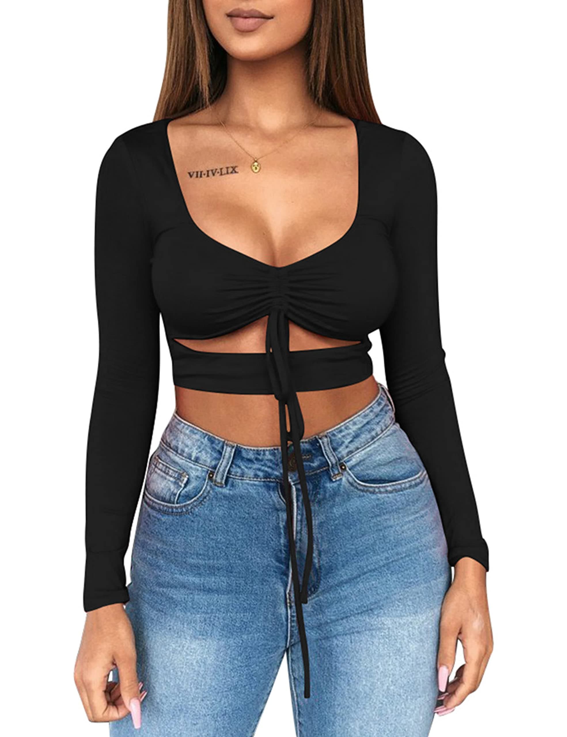 MizociWomen's Sexy Ruched Tie Up Crop Top Basic Long Sleeve Cut Out T Shirt