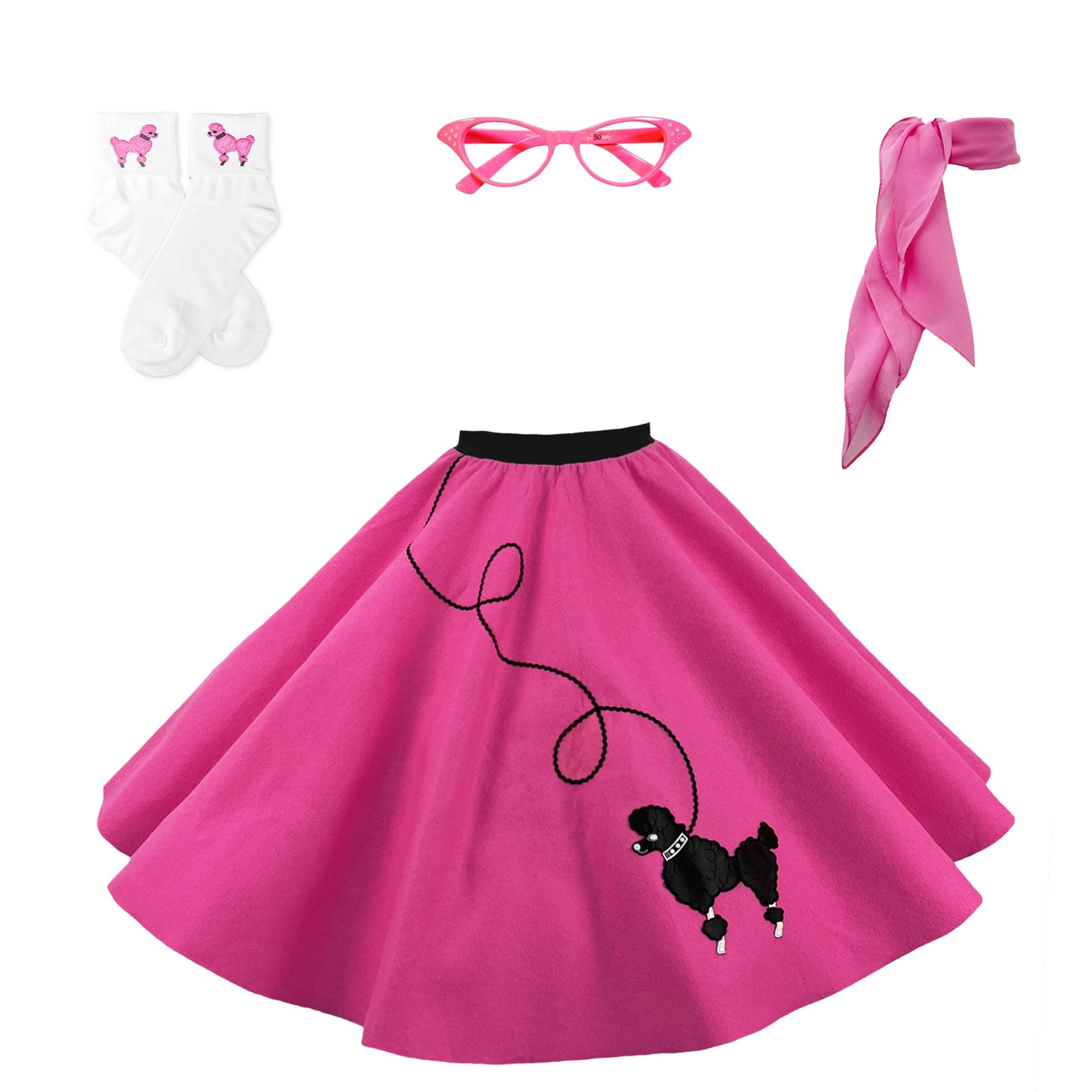 Hip Hop 50's Shop 1950s Adult 4 Piece Poodle Skirt Costume Outfit for Women with Accessories (glasses, socks, scarf)
