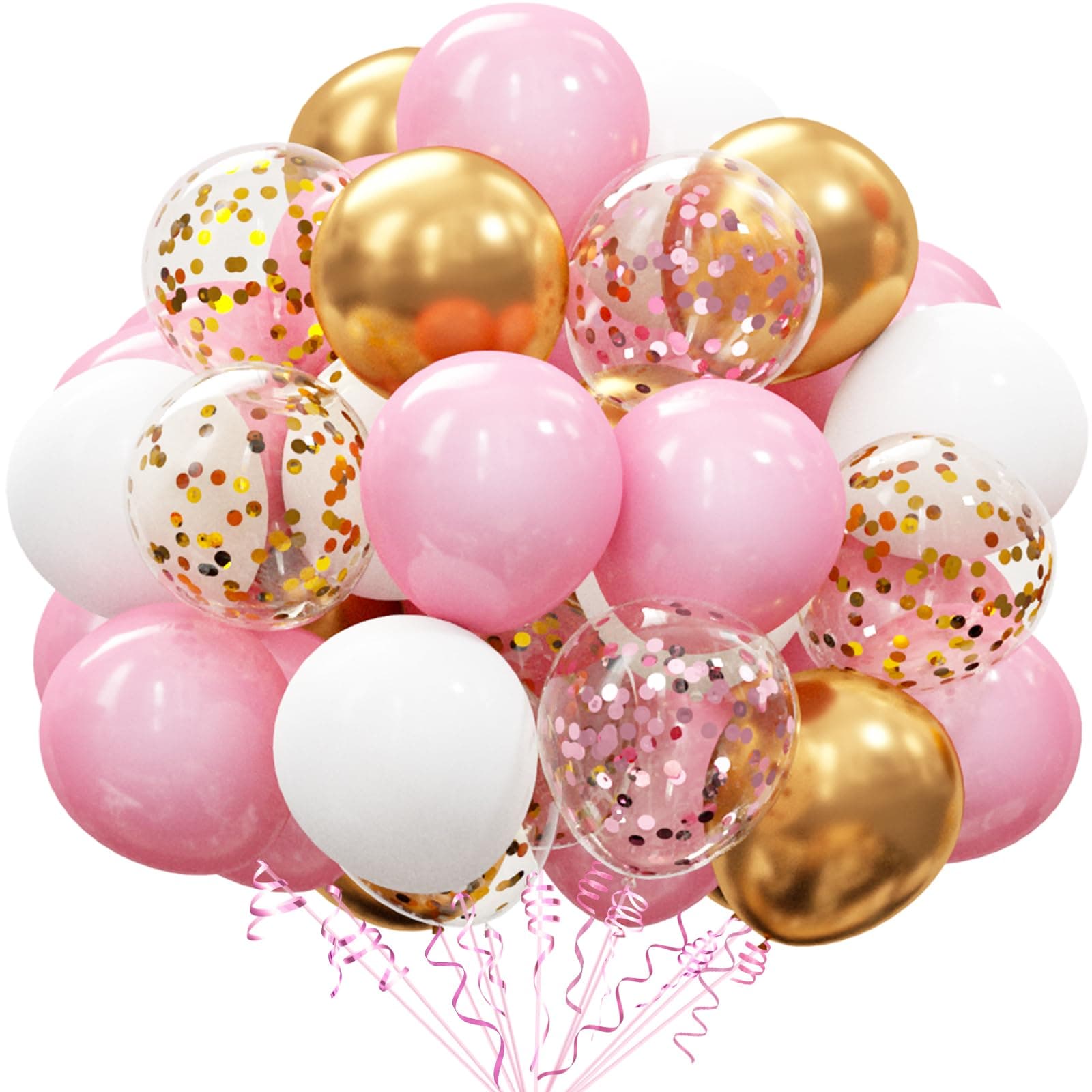 OuMuaMua 60Pcs Pink Gold Confetti Latex Balloons Kit, 12 Inch Pink White Gold Helium Balloons Party Supplies for Confession Proposal Wedding Girl Birthday Baby Shower Party Decoration