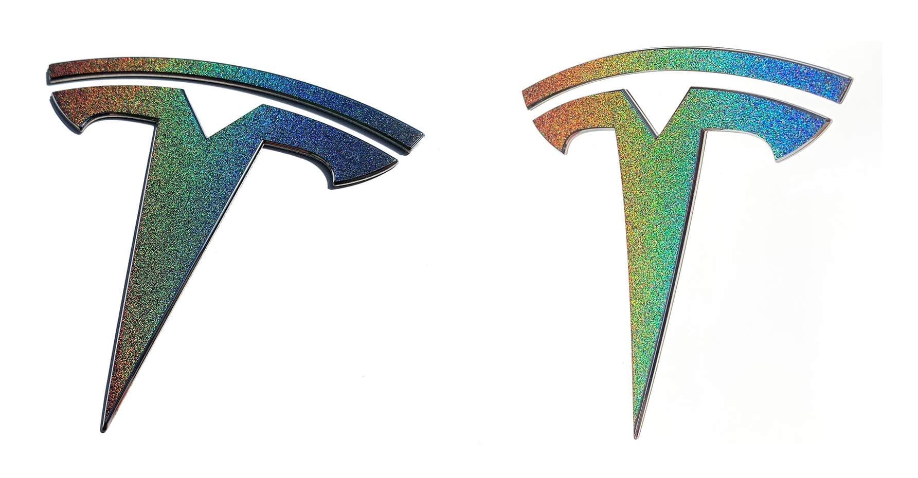 Logo Decal Wrap for Tesla Model Y, 4-pc Set (Gloss Flip Psychedelic - Silver/Rainbow)