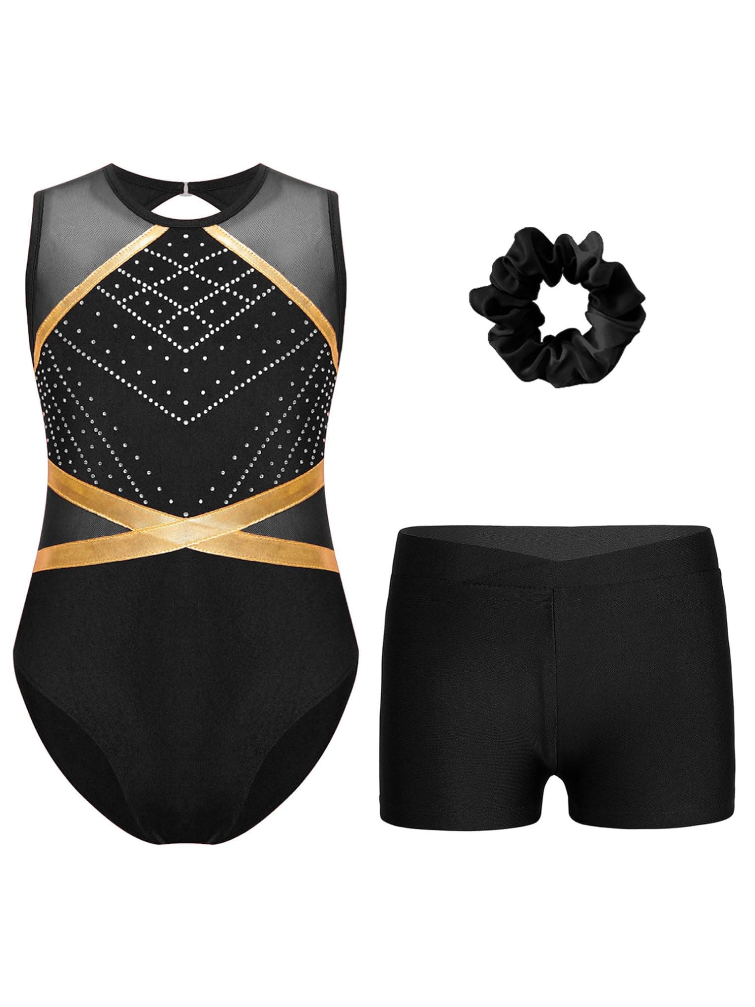 Girls Dance Gymnastics Leotard Set Sheer Mesh Sleeveless Rhinestones Bodysuit with Shorts Hair Tie Performance Wear