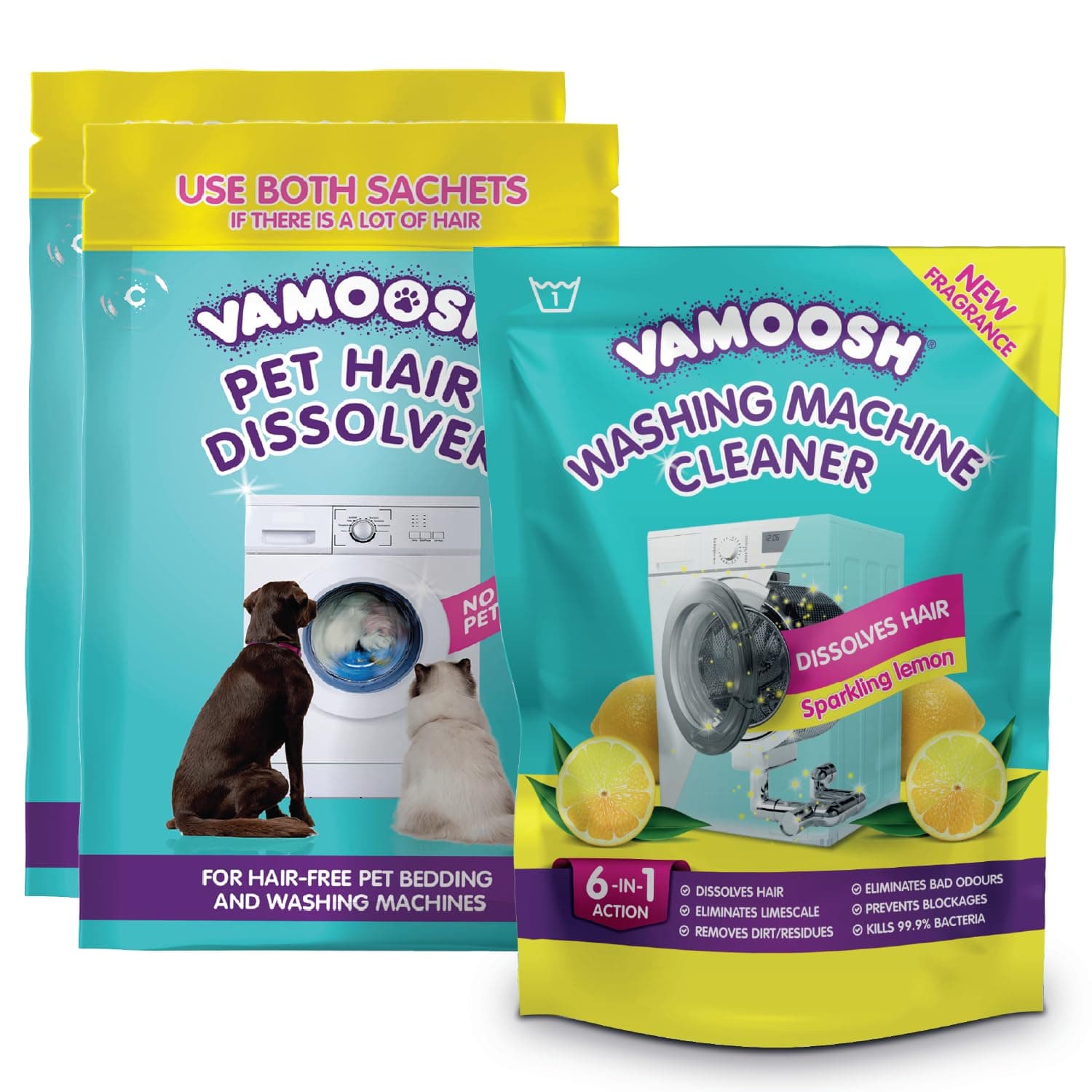 Pet Hair Dissolver (2x 100g Sachet) & Vamoosh 6-in-1 Washing Machine Cleaner (1x 150g Sachet) Bundle, Removes Hair, Cleans Pet Bed & Machine, 3 Washes