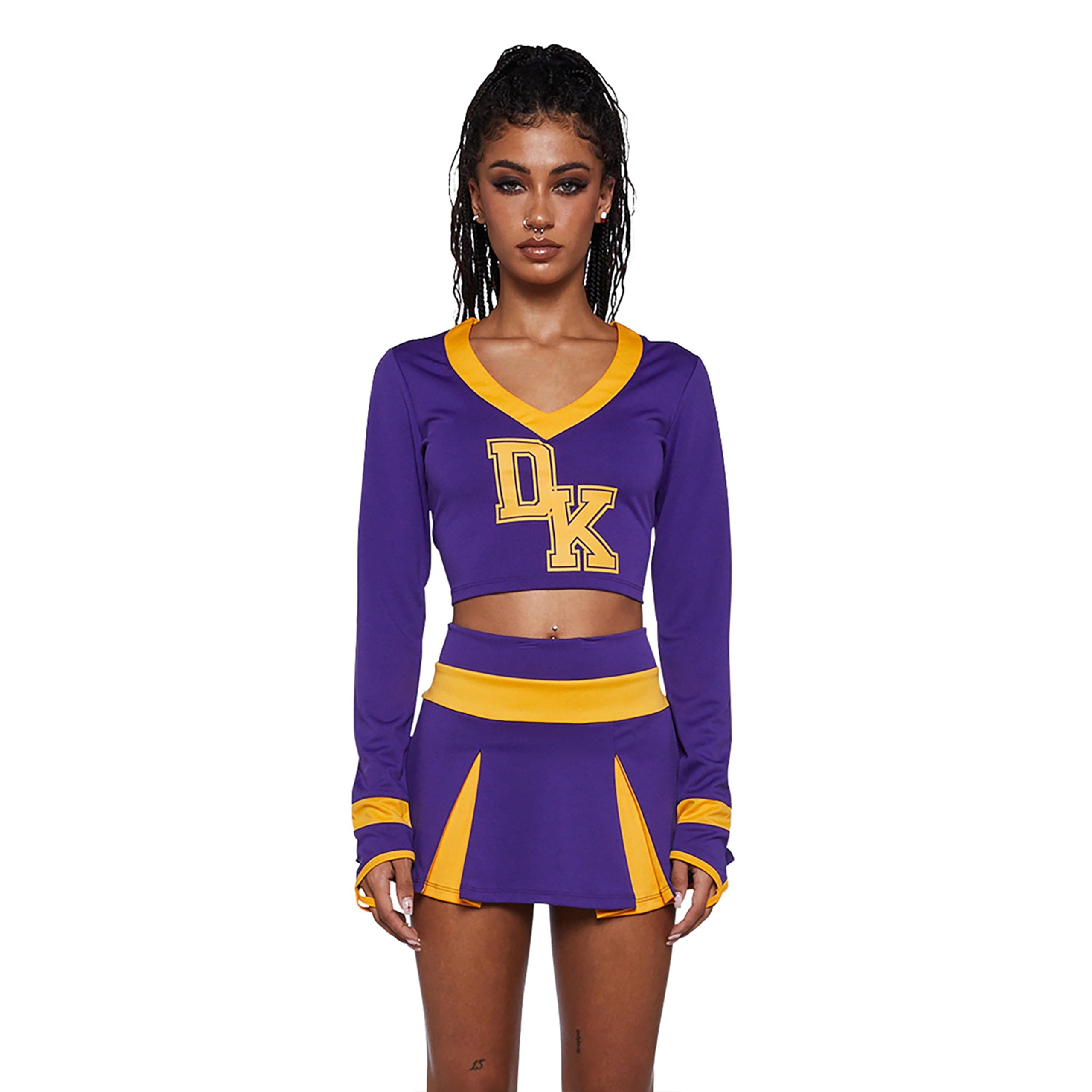 Bite The Boyfriend Costume by Trickz N’ Treatz – Women’s Purple & Yellow Cheerleader Outfit with Skirt & Top