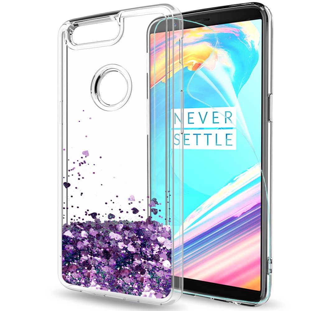 OnePlus 5T Glitter Case with HD Screen Protector for Girls Women,LeYi Cute Design Shiny Bling Moving Quicksand Clear TPU Protective Phone Case Cover for OnePlus 5T ZX (Purple)