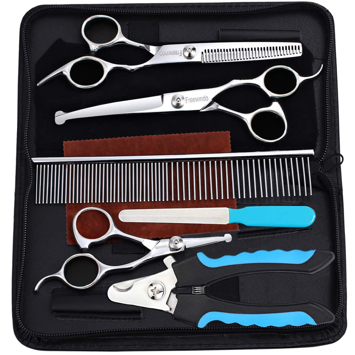 Dog Grooming Scissors Kit - Safety Round Tip, Heavy Duty Stainless Steel Scissors and Nail Clippers for Full Body Grooming