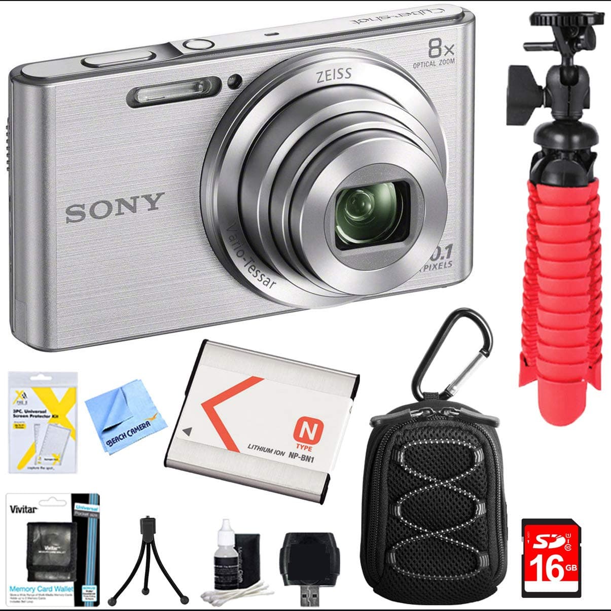 Sony DSC-W830 Cyber-Shot 20.1MP 2.7-Inch LCD Digital Camera Silver Bundle with 16GB Memory Card, Point and Shoot Field Bag, Battery, Table-top Tripod, Spider Tripod and Accessories (5 Items)