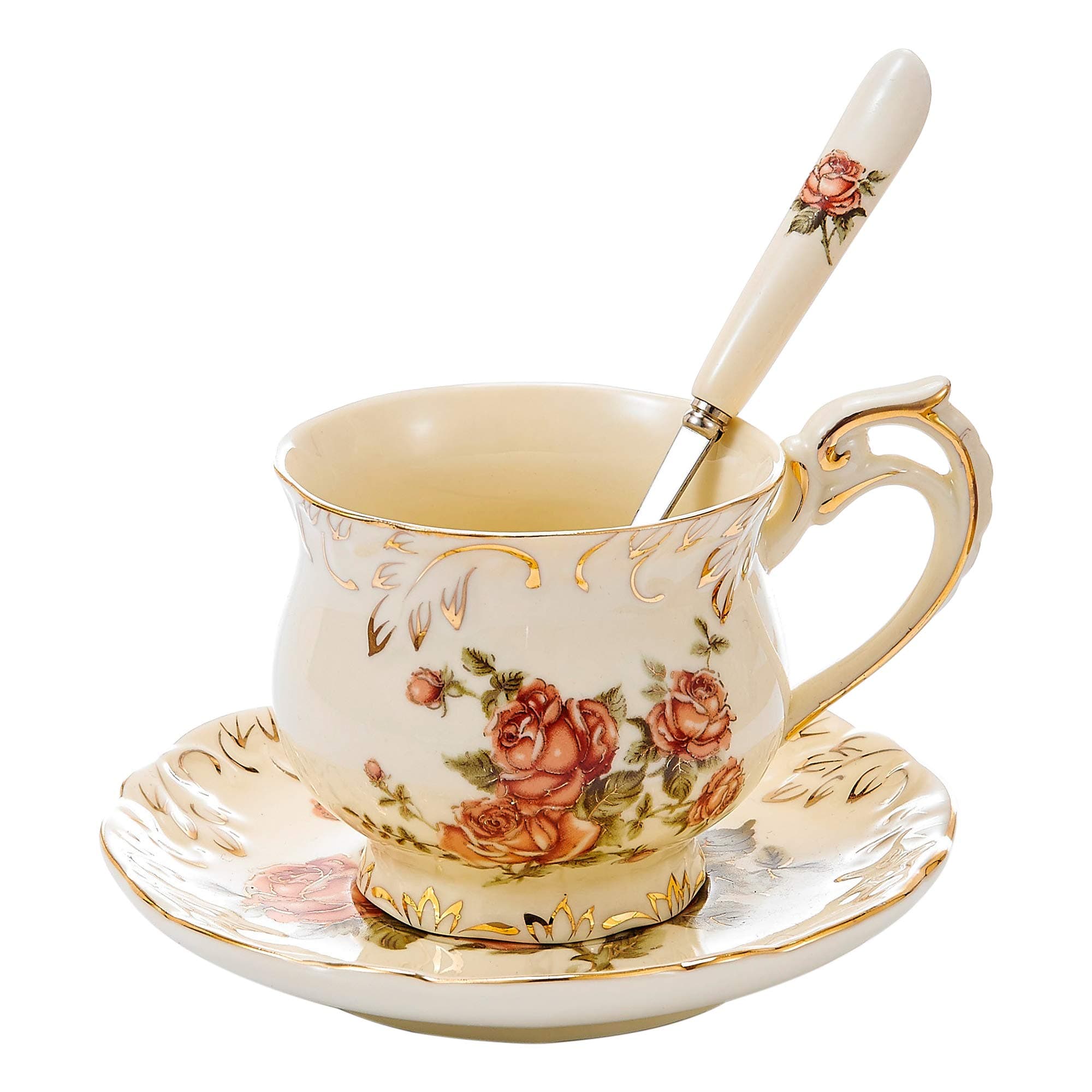 Panbado 3 Pieces Creative European Luxury Hand Painted Ivory Porcelain Ceramic Coffee Set Tea Set Tea Service Includes 1pc 4.5"cup, 1pc 6" saucer, and 1pc 6" spoon(1 set)