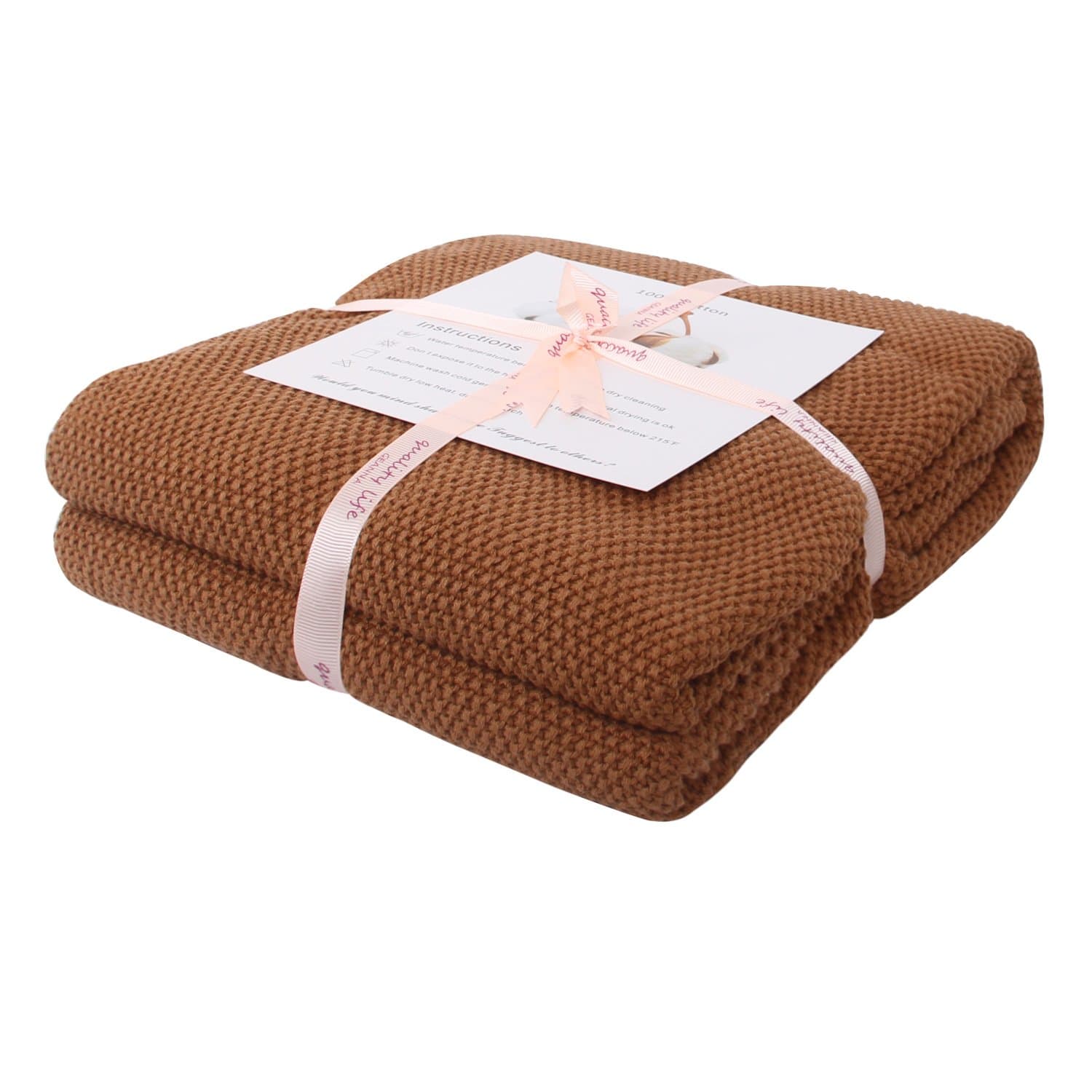 Throw Blanket Moss Stitch Solid Soft Sofa Couch Decorative Knitted Blanket,50 x 60 inch, As Gift with Free Washing Bag (Coffee)
