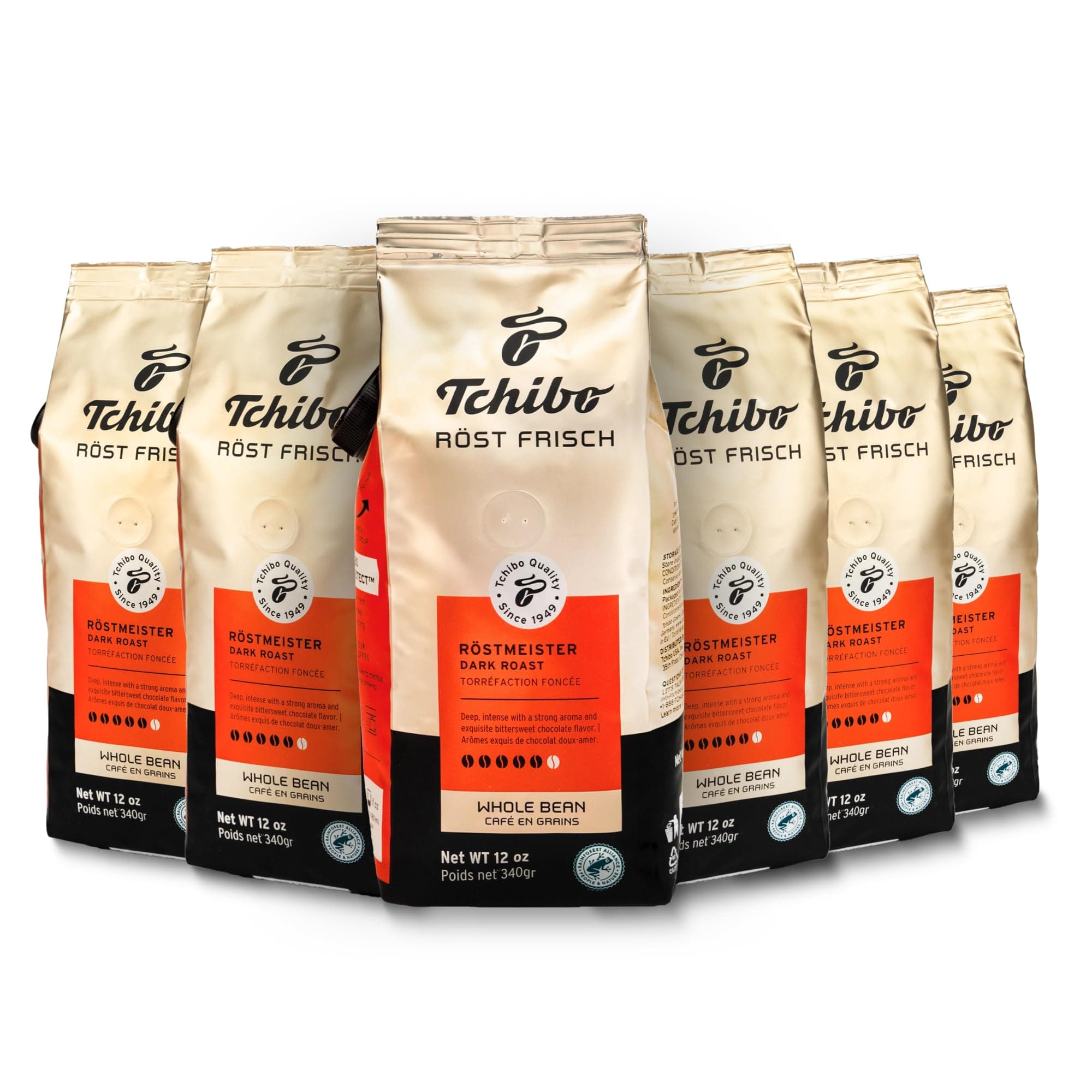 Tchibo Whole Bean Coffee - Röst Frisch Röstmeister - Dark-roasted Arabica Beans with Intense Flavor and Exquisite Aromas of Bittersweet Chocolate - Intensity 5/6, Acidity 1/6, Roast Level 6/6 - 6x 12 oz - Pack of 6