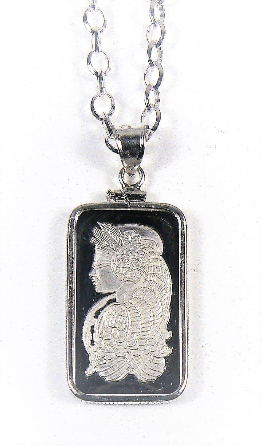 Pamp Suisse Sterling Silver 925 Necklace Bezel Chain with Solid Silver 10 Gram Bar 999 Fortuna Girl