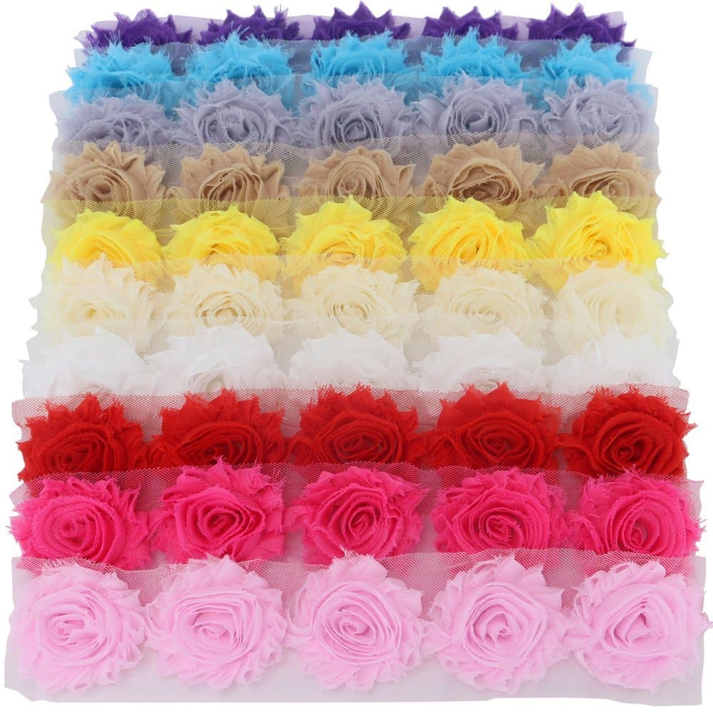 Mybigqueen 5 Piece Boutique Shabby Chic Fabric Rose Flowers Trim DIY Chiffon Frayed Tulle Flower, 10 Colors