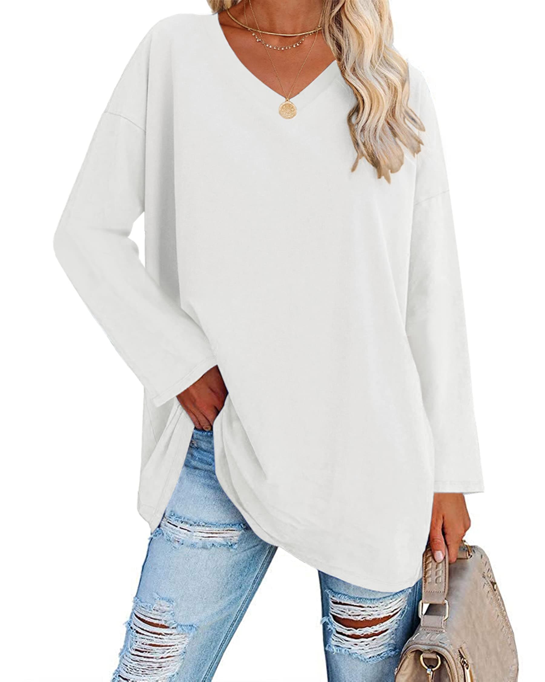 SYOT Womens Drop Shoulder Long Sleeve V Neck Fall T Shirts Solid Casual Loose Basic Tee Tops