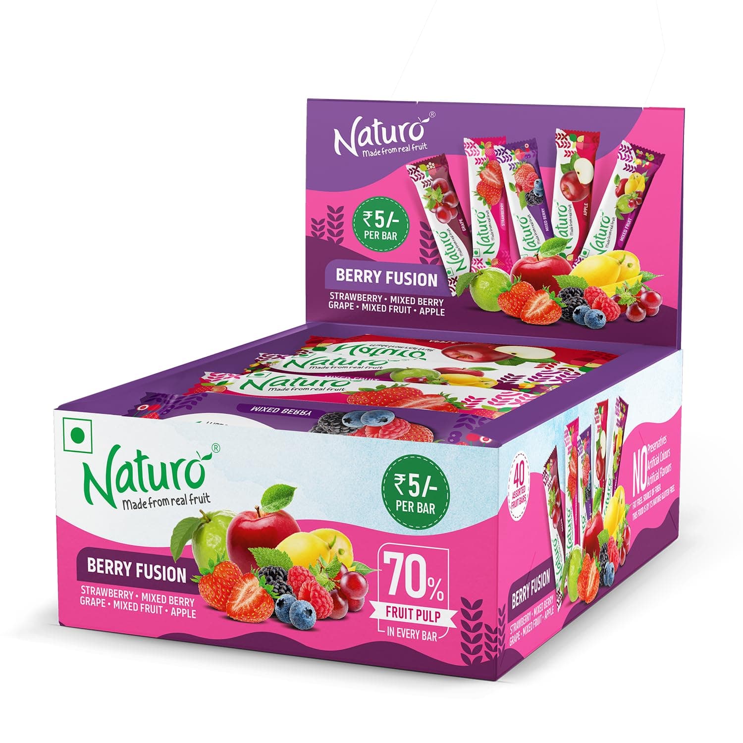 Naturo Berry Fusion Fruit Bars – 40 Pack Dispenser | Healthy Back to School Snacks | Real Fruit Snack Bars for Kids & Adults | Gluten-Free & Vegan