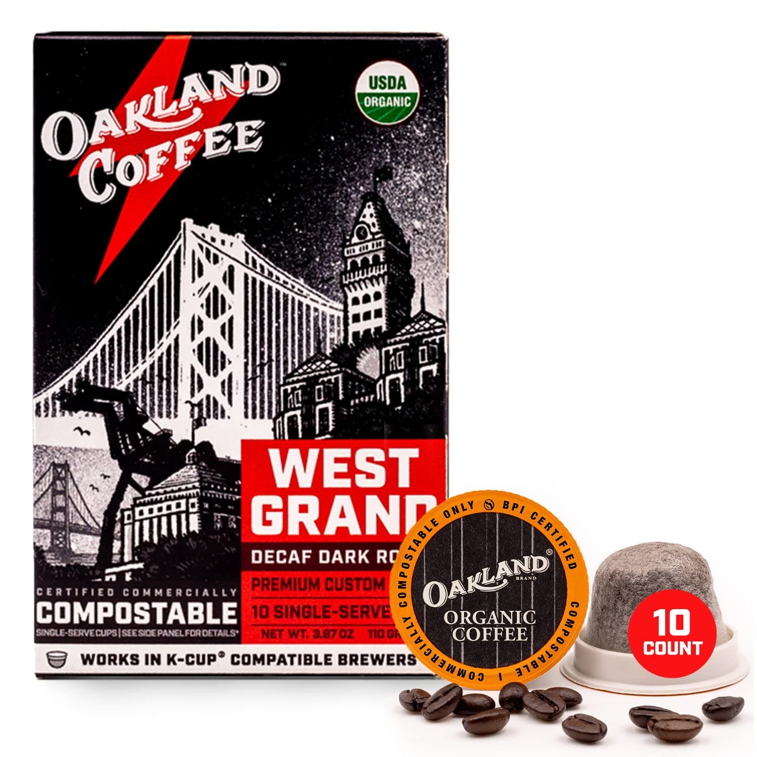 Oakland Coffee West Grand - 10 Count Organic Decaf Coffee Pods, Premium, Never Bitter, Slow Roasted, Smooth, Strong & Bold Flavor, Single Serve Individual Compostable Coffee Pods