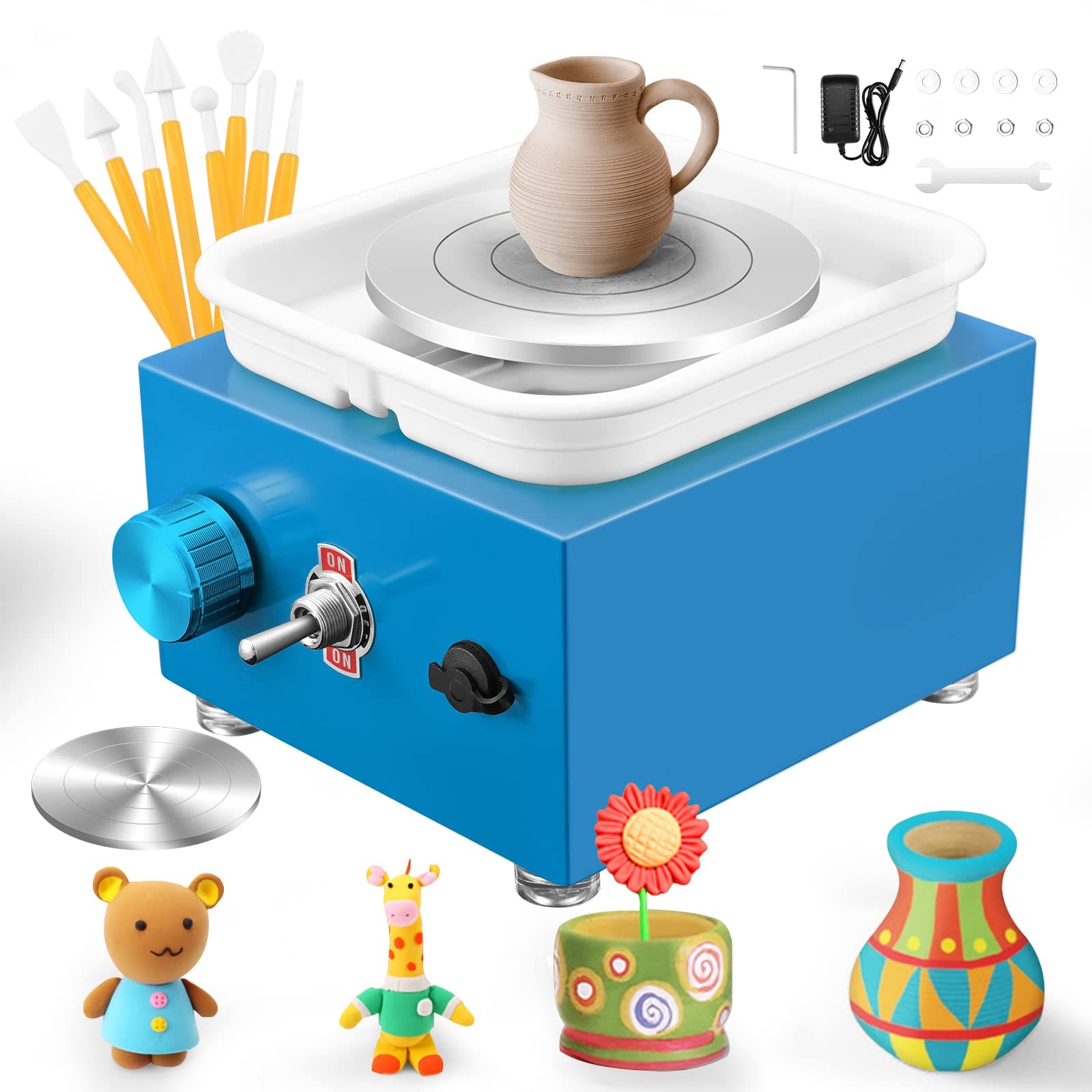 Mini Pottery Wheel 2000RPM Electric Pottery Wheel with Removable ABS Basin and 6.5cm-10cm Turntable Fingertip Clay Wheel Adjustable Speed Clay Tool Machine for Art Craft Gift (Blue)