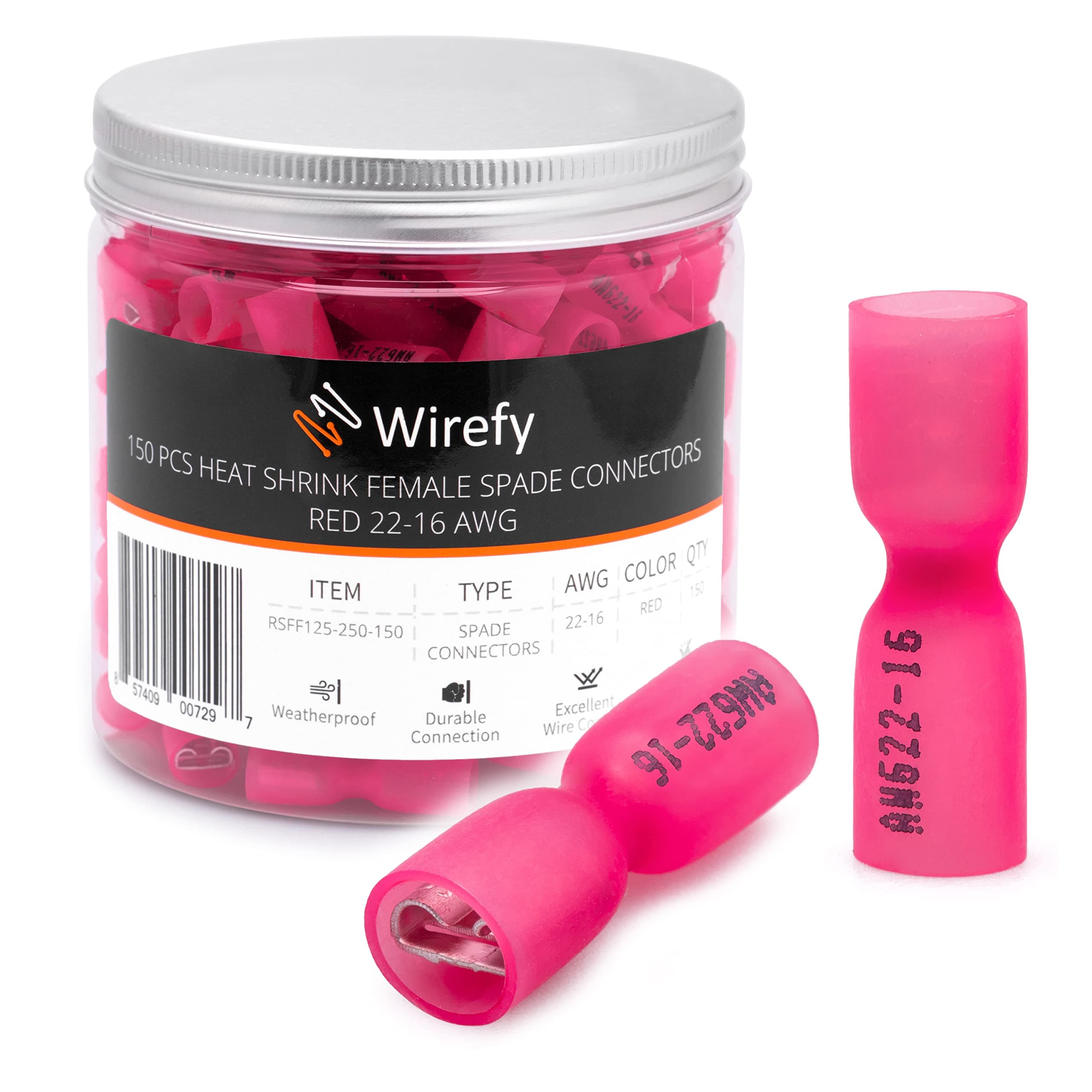 150 PCS Wirefy Female Spade Connectors - Heat Shrink Spade Connector Kit - Quick Disconnect Wire Connectors - Electrical Spade Terminals - Red 22-16 Gauge