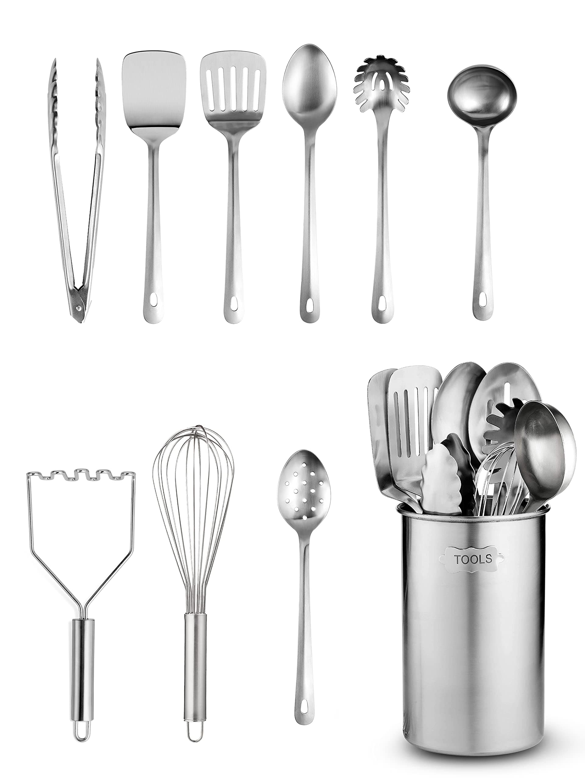 FineDine Kitchen Utensils Set - 10-Piece, Stainless-Steel Cooking Utensils w/Spoons, Whisk, Spatula, Tongs, Ladle, Masher & Cooking Utensils Holder - Kitchen Accessories, Gadgets and Tools