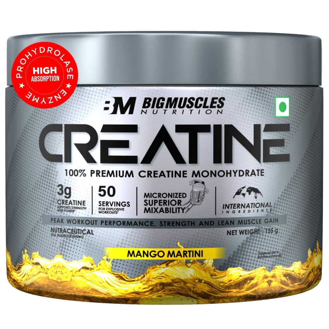 Bigmuscles Nutrition Creatine [155g, 50 Servings]|Mango Martini | Micronized Creatine Monohydrate To Support Lean Muscle Repair & Recovery|Increase Strength&Athletic Performance,Powder, 1 count