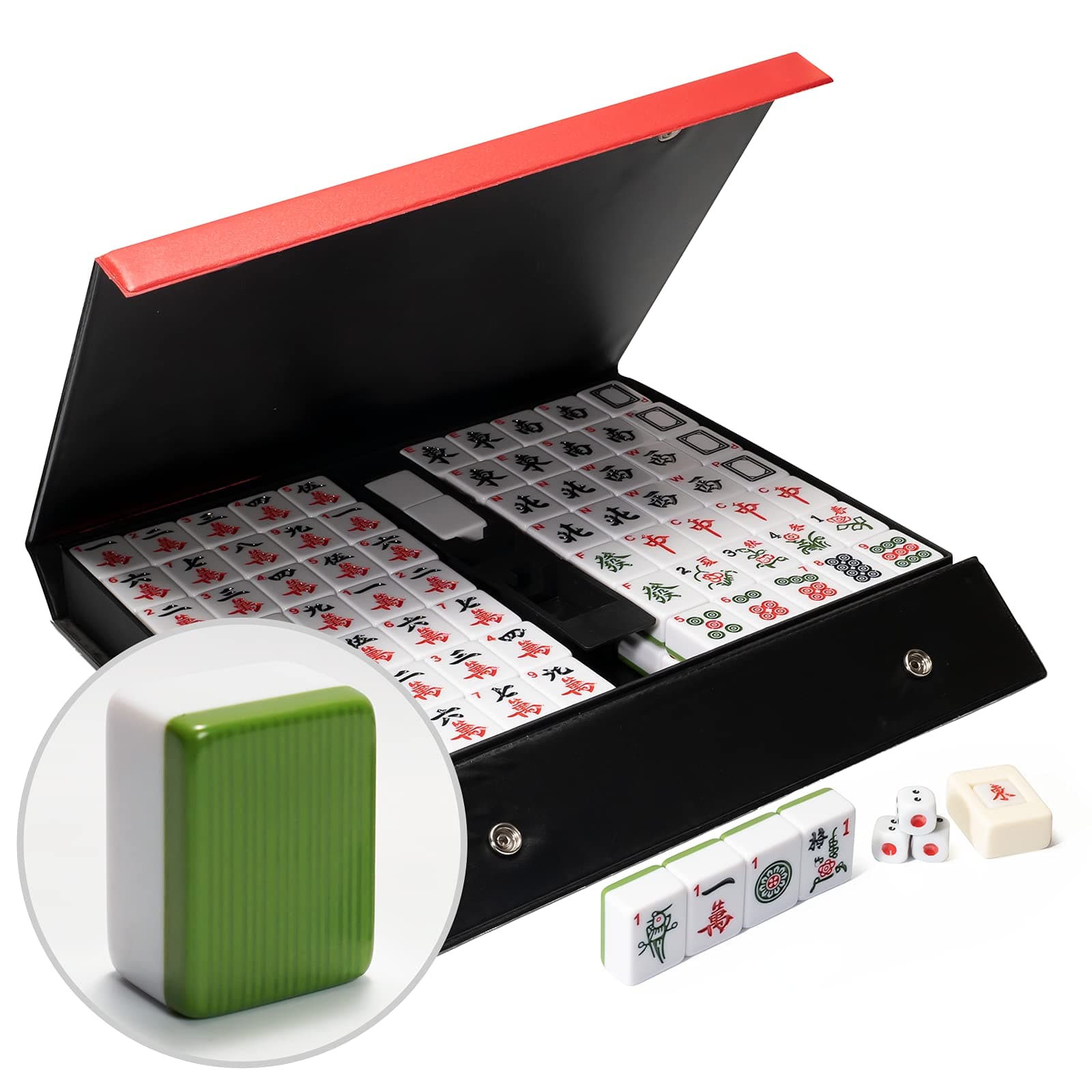 Professional Chinese Mahjong Game Set, 146 Mahjong Tiles Set, 36mm Acrylic Tiles Majiang with Carrying Travel Case for Family Game Play, 中式麻将(1.4 inch, Green)