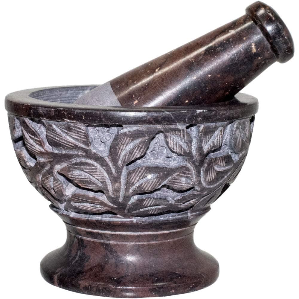Aisev Naturals - Soapstone Carved Leaves Mortar & Pestle